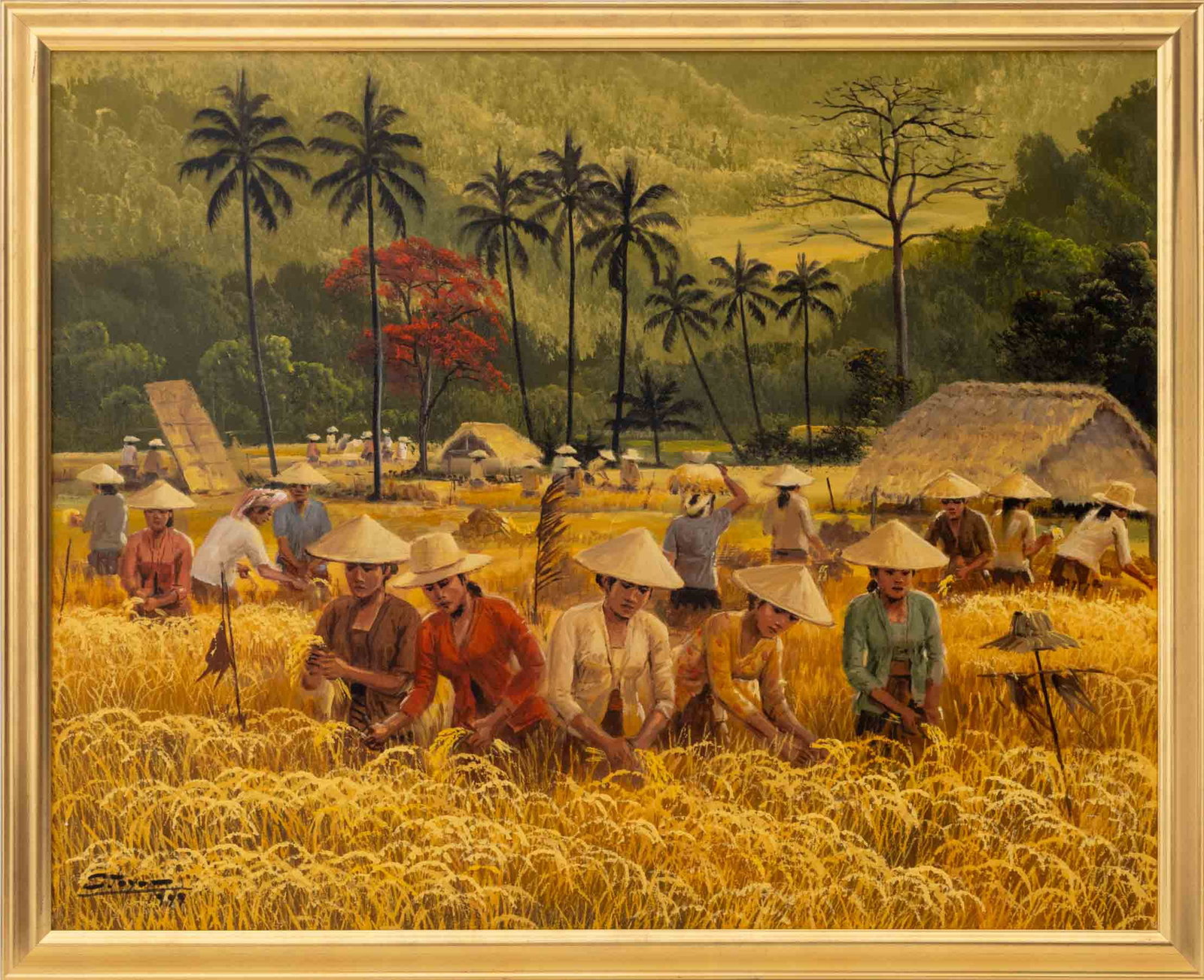 S. Toyo Rice Harvest Oil on Canvas, 1999: S. Toyo (Indonesian, 1935-2000), Rice Harvest, Oil on Canvas, 1999, signed and dated lower left, giltwood frame. Image: 30.75" H x 38.5" W; frame: 40.25" H x 42.25" W x 1.25" D. Provenance: From a For