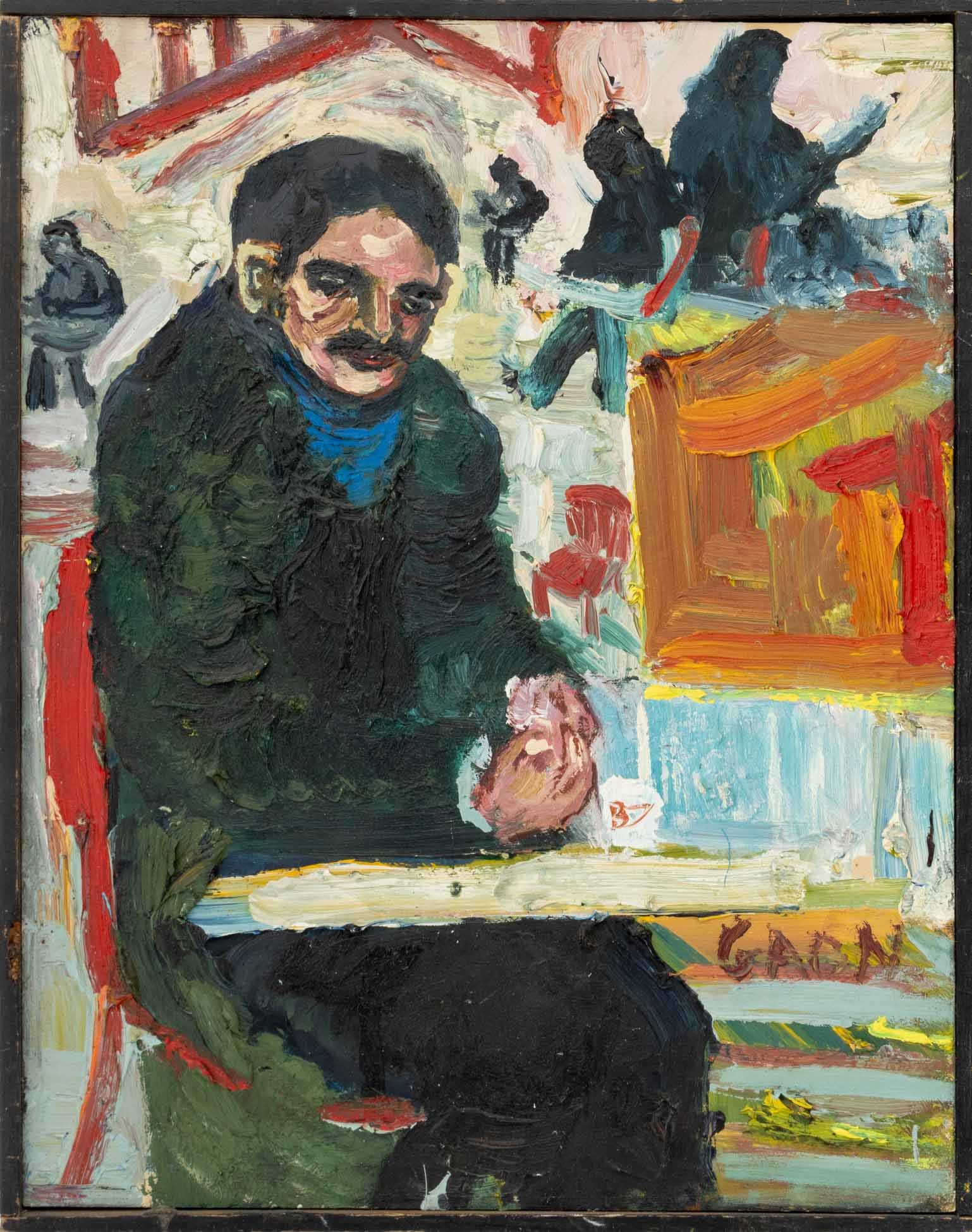 Illegibly Signed Expressionist Figural Scene Oil: 20th Century School, Expressionist Figural Scene of a Seated Man, Oil on Panel, illegibly signed "GAON (?)" lower right, ebonized wood frame. Image: 14" H x 11" W; frame: 14.75" H x 11.5" W x 1.25" D.