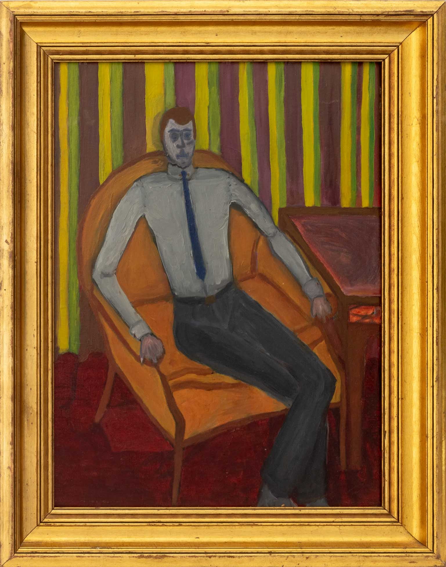 American Portrait of a Man Acrylic on Canvas Panel: American School, Portrait of a Man Amongst an Interior Scene, Acrylic on Canvas Panel, 20th century, unsigned, giltwood frame. Image: 23.25" H x 17" W; frame: 29.5" H x 23.25" W x 2" D. Provenance: Fr