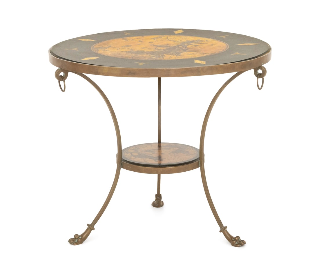 Sarreid Ltd. Chinoiserie Brass Gueridon: Sarreid Ltd. Chinoiserie Brass Gueridon, with ebonized and decoupage circular top and undertier on three paw feet. 28" H x 31.5" Diameter. Provenance: From a Roxbury, Connecticut Collection. Keywords: