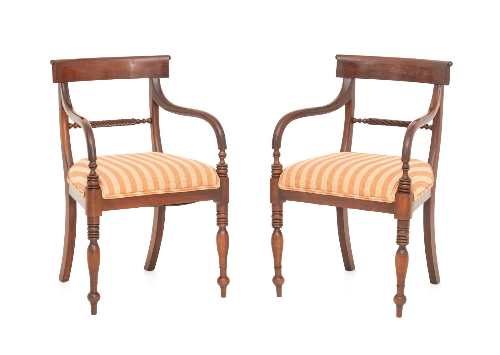 Regency Style Mahogany Armchairs, Pair: Pair of Regency Style Mahogany Arm Chairs. 33.5" H x 21.5" W x 17.5" D; seat: 19.5" H. Provenance: From a Roxbury, Connecticut Collection. Keywords: Vintage Furniture, Seating, Fauteuils, Upholstered 