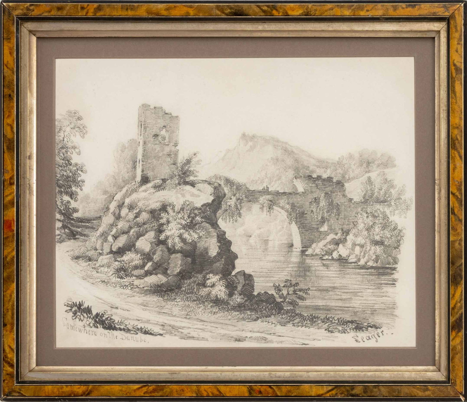 Edward Seager "Somewhere on the Danube", 19th C.: Edward Seager (English, 1809-1886), "Somewhere on the Danube", Pencil on Paper, mid-19th century, signed lower right, titled lower left, painted wood frame. Image: 8.5" H x 10.25" W; frame: 11.75" H x