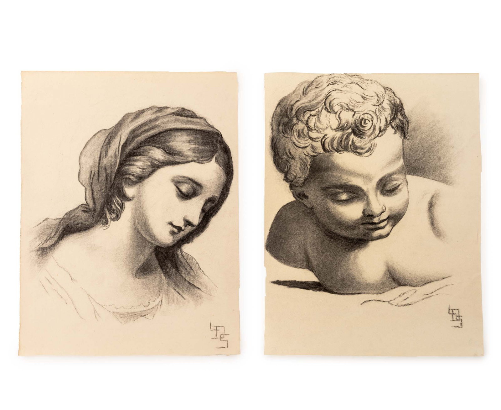 Portrait Studies Charcoal on Paper, 2: Two Portrait Studies, Charcoal on Paper, late 19th century, one depicting a cherub and one depicting a neoclassical style woman, each initialed "LDS" lower right, together in clear acrylic frame. Over