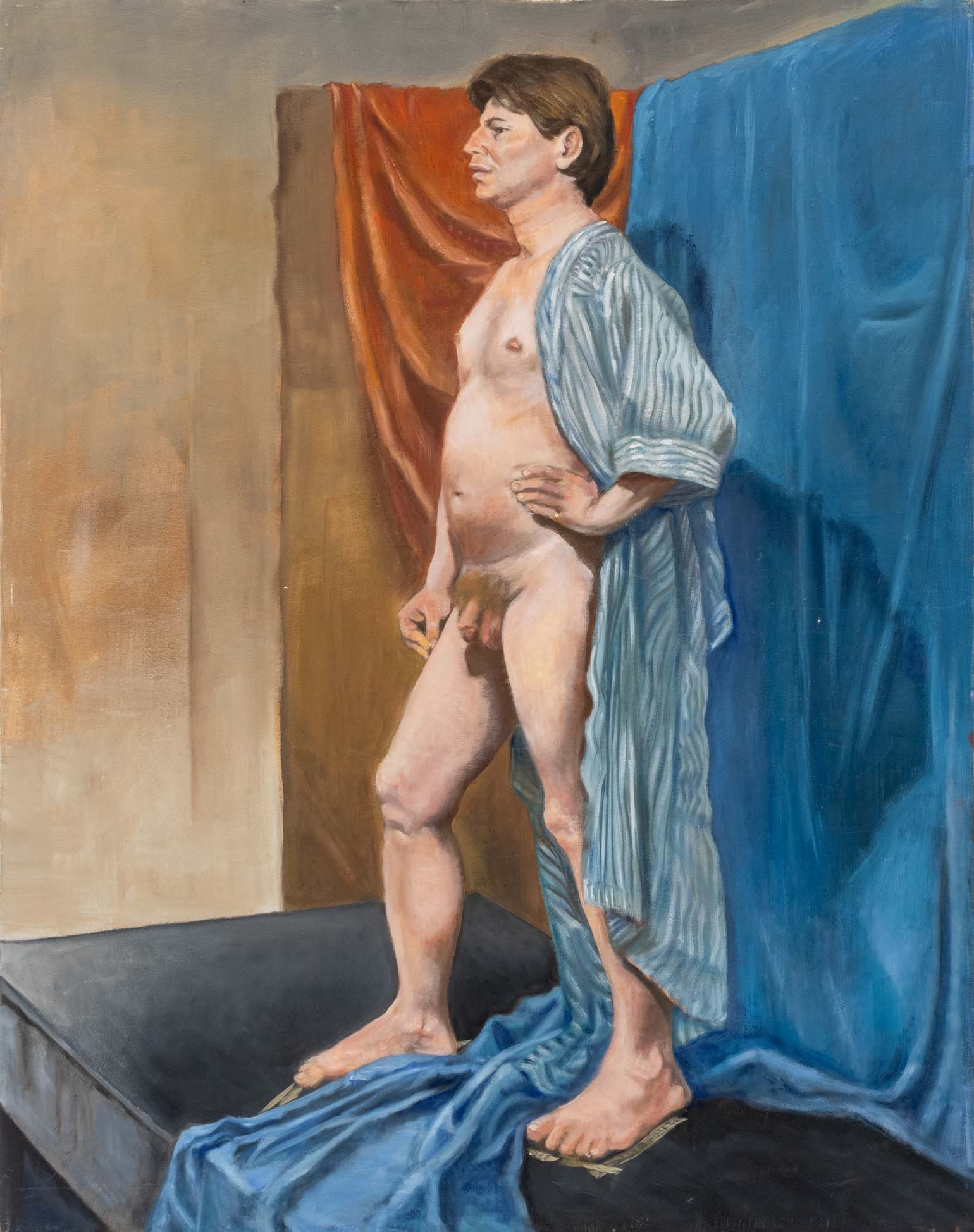 Marion Rothenberg Standing Nude Man Oil on Canvas: Marion Rothenberg (American, 1923-2025), Standing Nude Male FIgure, Oil on Canvas, signed "M. Rothenberg" to side of canvas, unframed. 28" H x 22" W x 0.75" D. Provenance: The Morningside Heights Esta