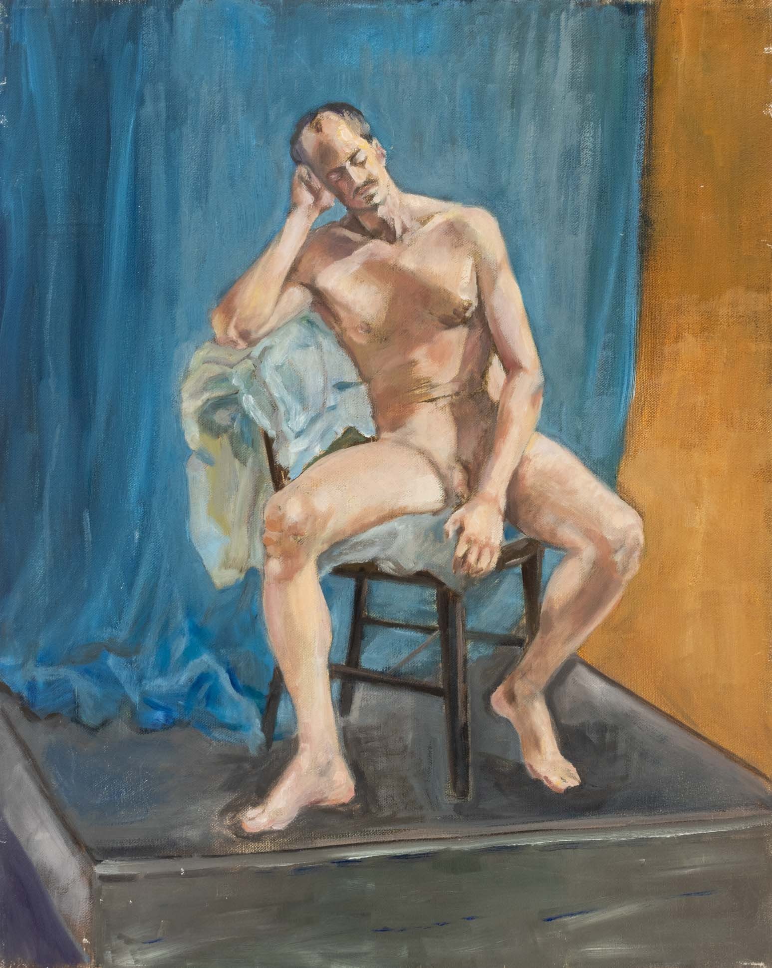 Marion Rothenberg Seated Male Nude Oil on Canvas: Marion Rothenberg (American, 1923-2025), Seated Male Nude Figure, Oil on Canvas, signed verso, unframed. 20" H x 16" W x 0.75" D. Provenance: The Morningside Heights Estate of an Academic. Keywords: P