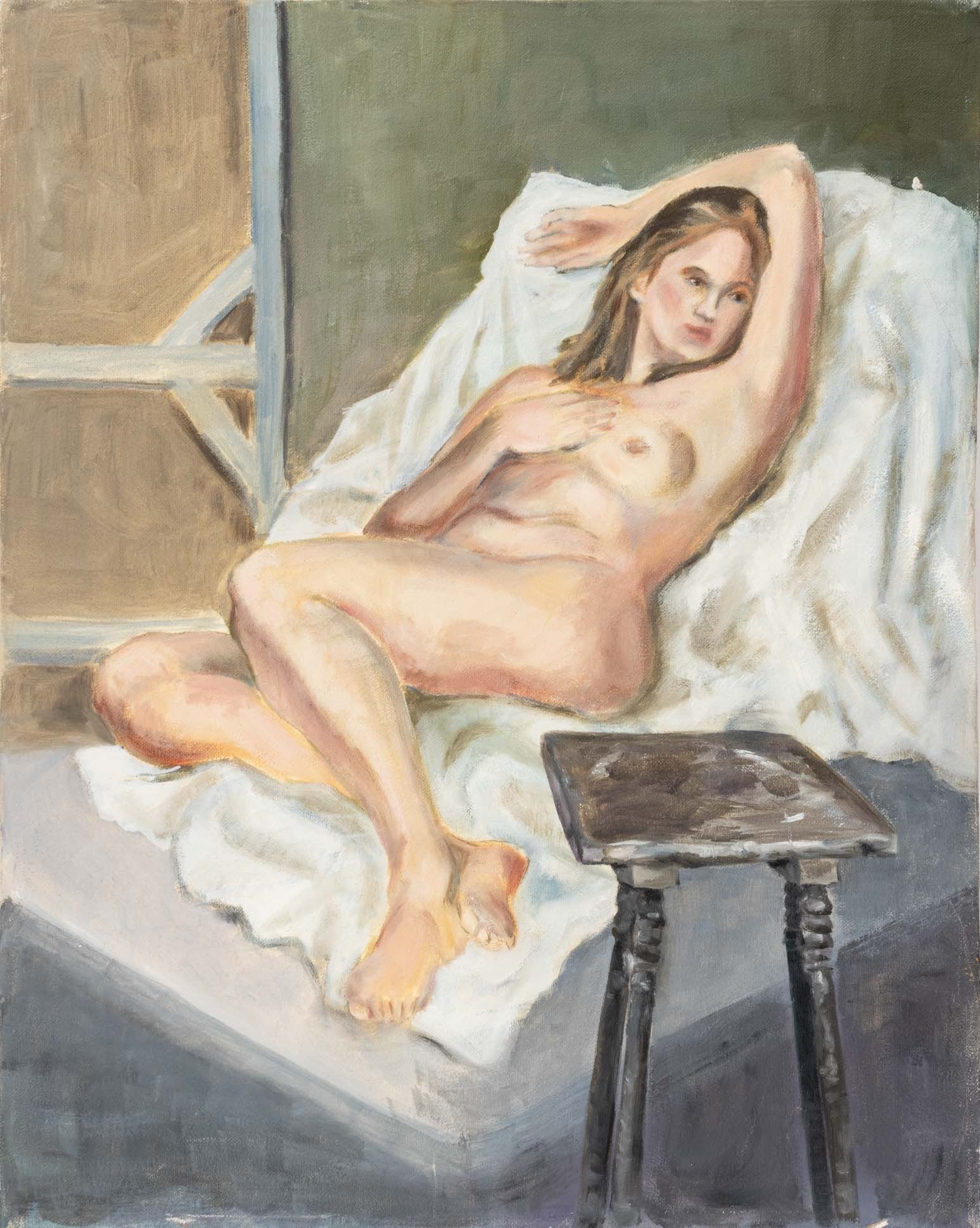 Marion Rothenberg Reclining Nude Oil on Canvas: Marion Rothenberg (American, 1923-2025), Reclining Nude Woman, Oil on Canvas, signed to the side of canvas, unframed. 20" H x 16" W x 0.75" D. Provenance: The Morningside Heights Estate of an Academic