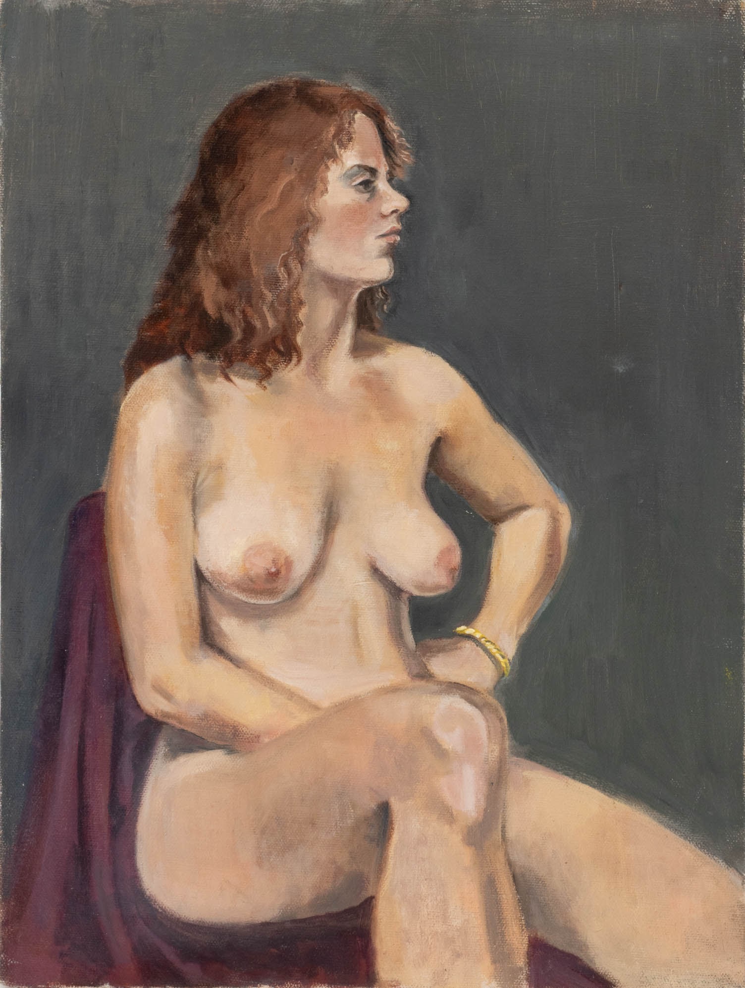 Marion Rothenberg Seated Nude Oil on Canvas: Marion Rothenberg (American, 1923-2025), Seated Nude Woman, Oil on Canvas, signed on side of the canvas, unframed. 16" H x 12" W. Provenance: The Morningside Heights Estate of an Academic. Keywords: P