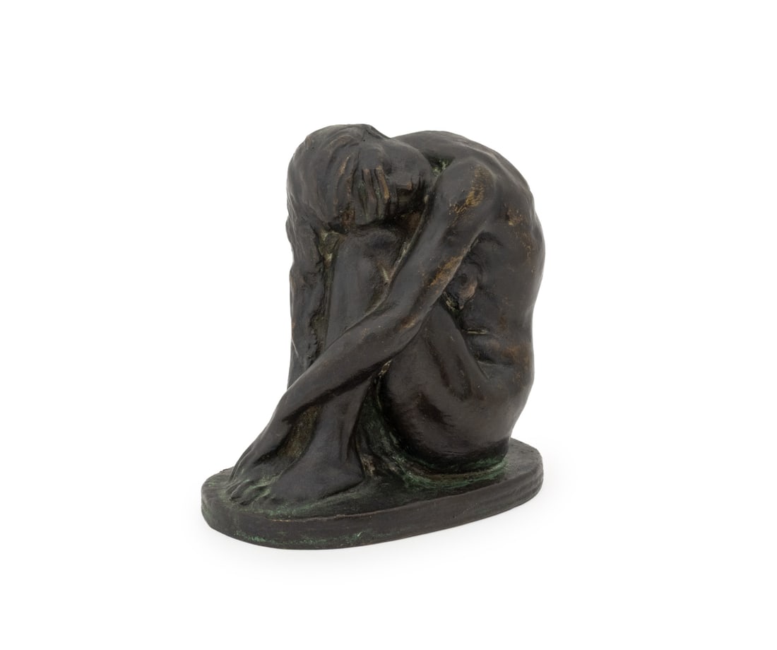Art Nouveau Seated Nude Woman Patinated Bronze: Art Nouveau Crouched Nude Woman Patinated Bronze Sculpture, partially obliterated signature to base. 4" H x 4.25" W x 2.5" D. Provenance: From the Estate of Gerard Stora, Vice President of Wildenstein