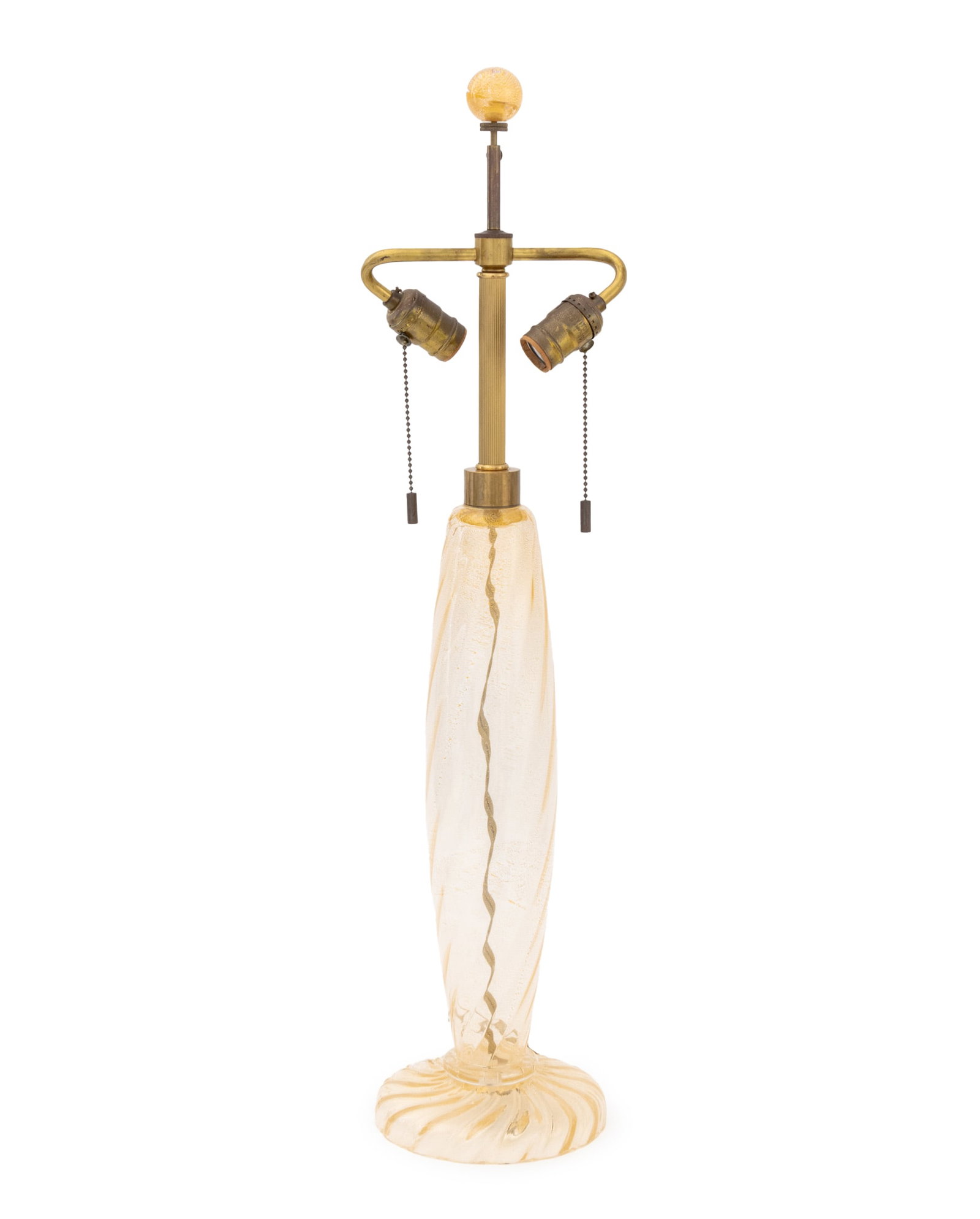 John Hutton x Donghia Ondoso Murano Glass Lamp: John Hutton for Donghia Ondoso Murano Glass Table Lamp, aventurine twisted glass column, signed "John Hutton" to base, with two sockets and glass ball finial. 31" H x 7.25" Diameter. Provenance: From 