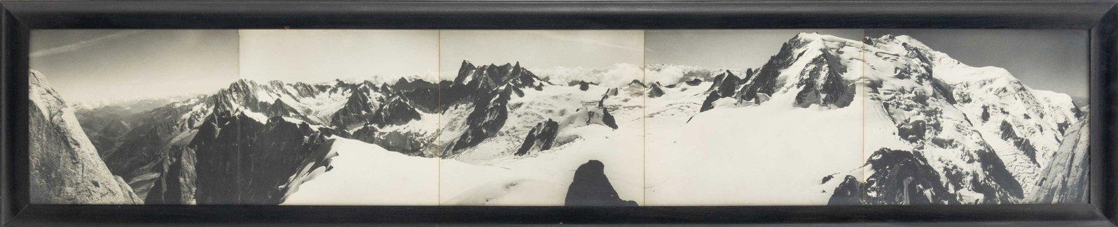 Georges II Tairraz The Alps Silver Prints, 5: Georges II Tairraz (French, 1900-1975), Five Gelatin Silver Prints depicting Panoramic Mont Blanc Massif, signed lower right, framed together in an ebonized wood frame. Image: 11.5" H x 65.75" W; fram