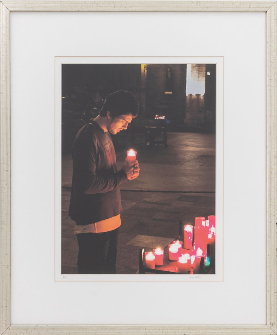 Illegibly Signed Street Vigil Chromogenic Print: Contemporary School, Street Vigil, Chromogenic Print, illegibly signed in pencil "Mary ... (?)" lower right, numbered edition "2/15" lower left, silvered wood frame. Image: 16" H x 11.75" W; frame: 25