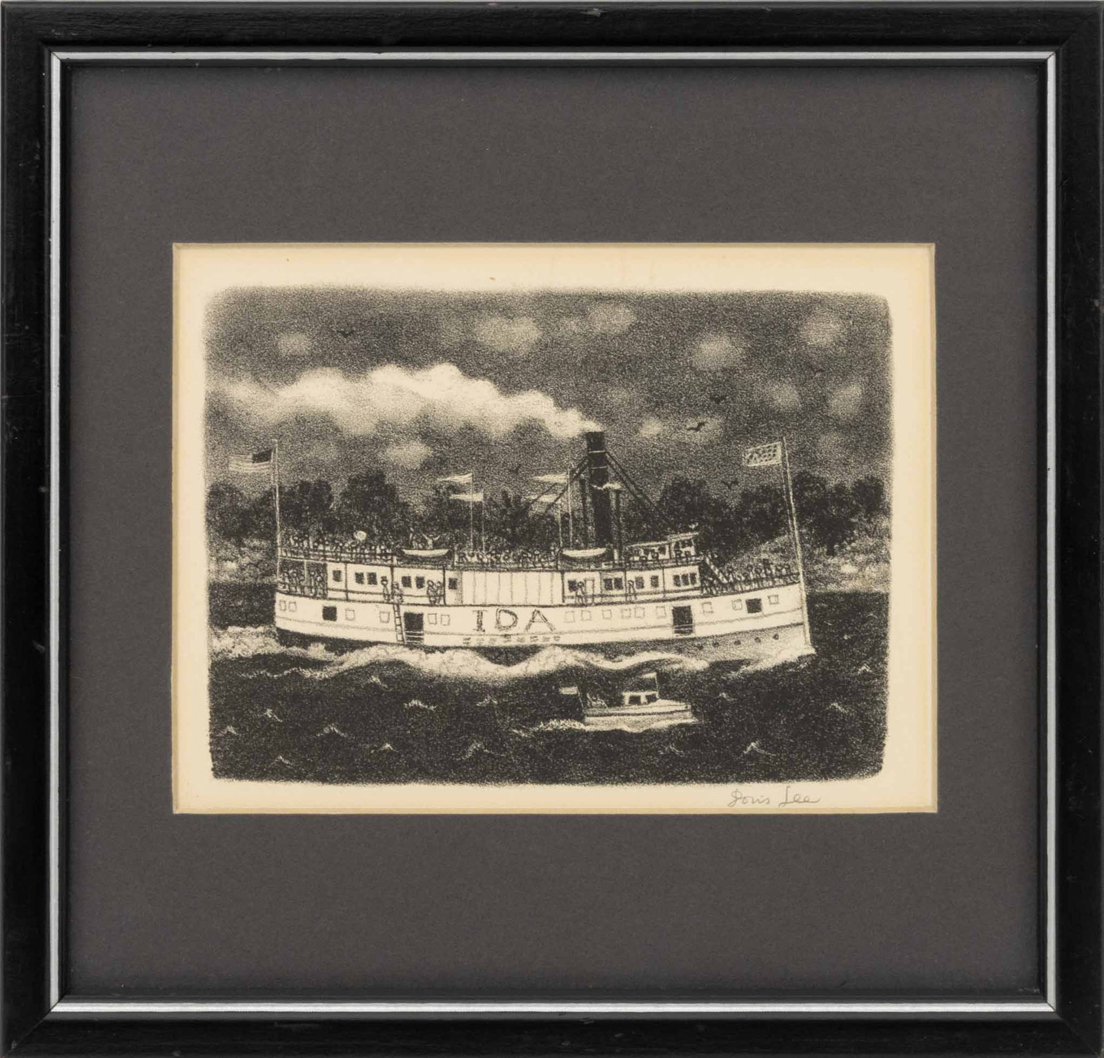 Doris Lee "Ida, The Riverboat" Lithograph: Doris Emrick Lee (American, 1905-1983), "Ida, The Riverboat", Lithograph on Paper, signed in pencil lower right, D. Wigmore Fine Art Inc. Gallery descriptive label verso, painted black frame. Image: 3