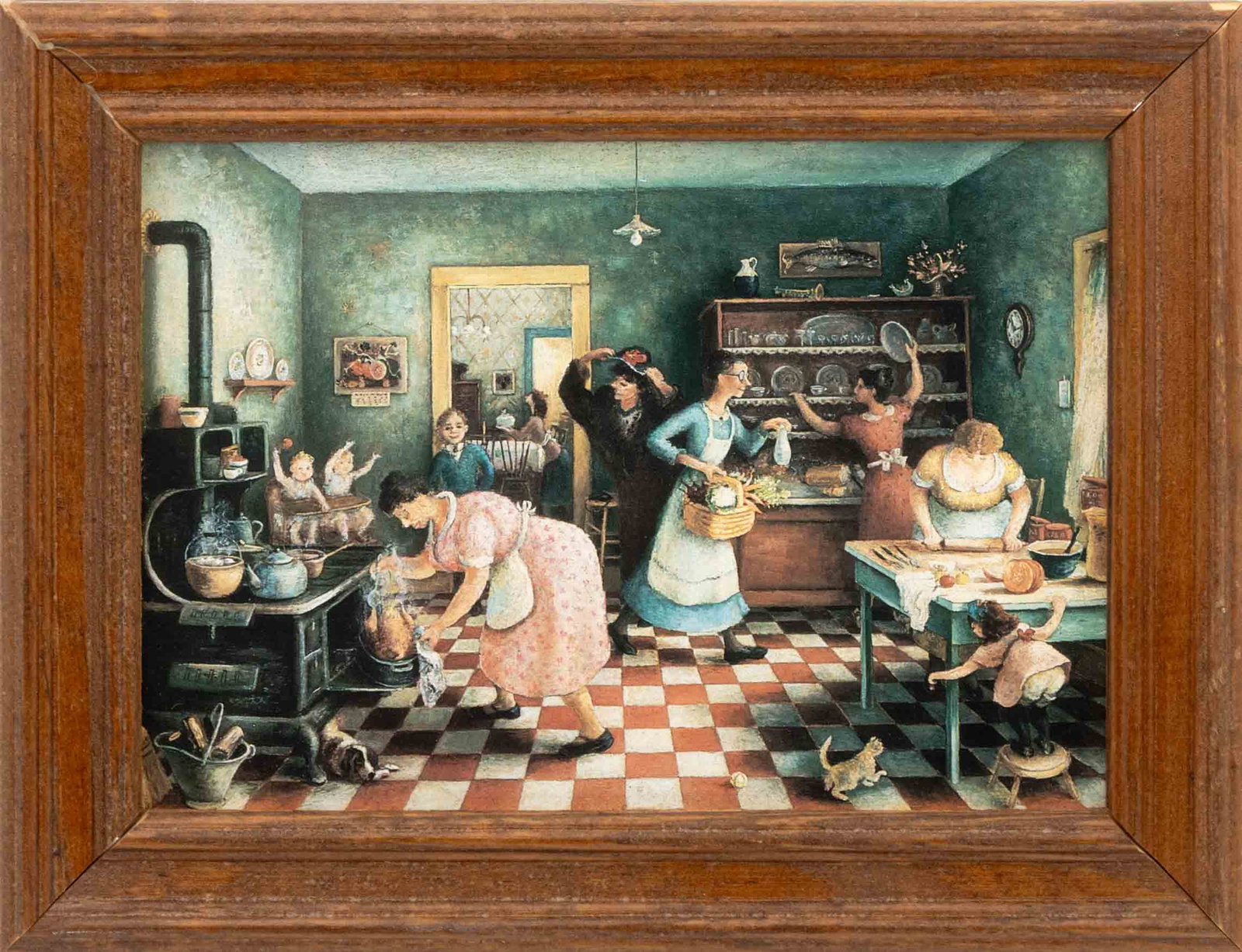Doris Lee "Thanksgiving" Giclee Print: Doris Emrick Lee (American, 1905-1983), "Thanksgiving", Giclee Print in Colors, apparently unsigned, with descriptive paper label verso, wood frame. Image: 4.5" H x 6.5" W; frame: 6.5" H x 8.5" W x 0.