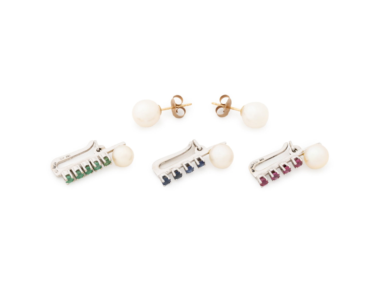 Gold, Gemstones, and Pearl Jewelry Set, 4: 14K White Gold, Yellow Gold, Gemstones, and Pearls Jewelry Set, comprised of four items, one pair 14K yellow gold stud earrings with 7.0-7.5 mm round cultured pearls worn through pierced earlobes with