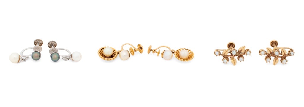 Gold and Cultured Pearl Earrings, 3 Pairs: 14K Gold and Cultured Pearl Earrings Set, three pairs, first pair featuring 14K yellow gold screw backs with four cultured white round pearls approx. 5.5 - 6.0 mm, second pair featuring 14K white