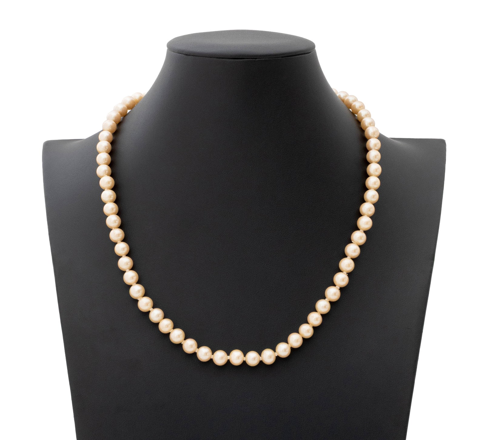 Cultured Pearl Necklace with Yellow Gold Clasp: Cultured Pearl Necklace with 14K Yellow Gold Clasp, featuring fully drilled round cultured pearls approx. 7.5 - 8.0 mm., strung on silk cord, knotted between each pearl, joined with 14K yellow gold