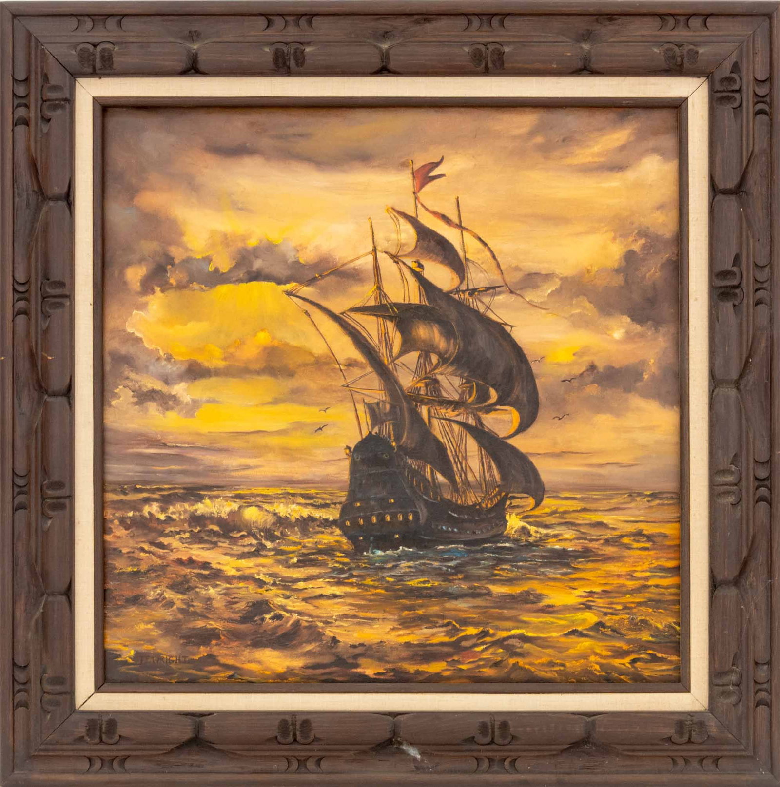 Thelma Wright Sailing Ship Scene Oil on Canvas: Thelma F. Wright (American, XX), Sailing Ship Scene, Oil on Canvas, signed "T.F. Wright" lower left, signed verso, carved wood frame. Image: 23.5" H x 23.25" W; frame: 32.25" H x 32" W x 2" D. Provena
