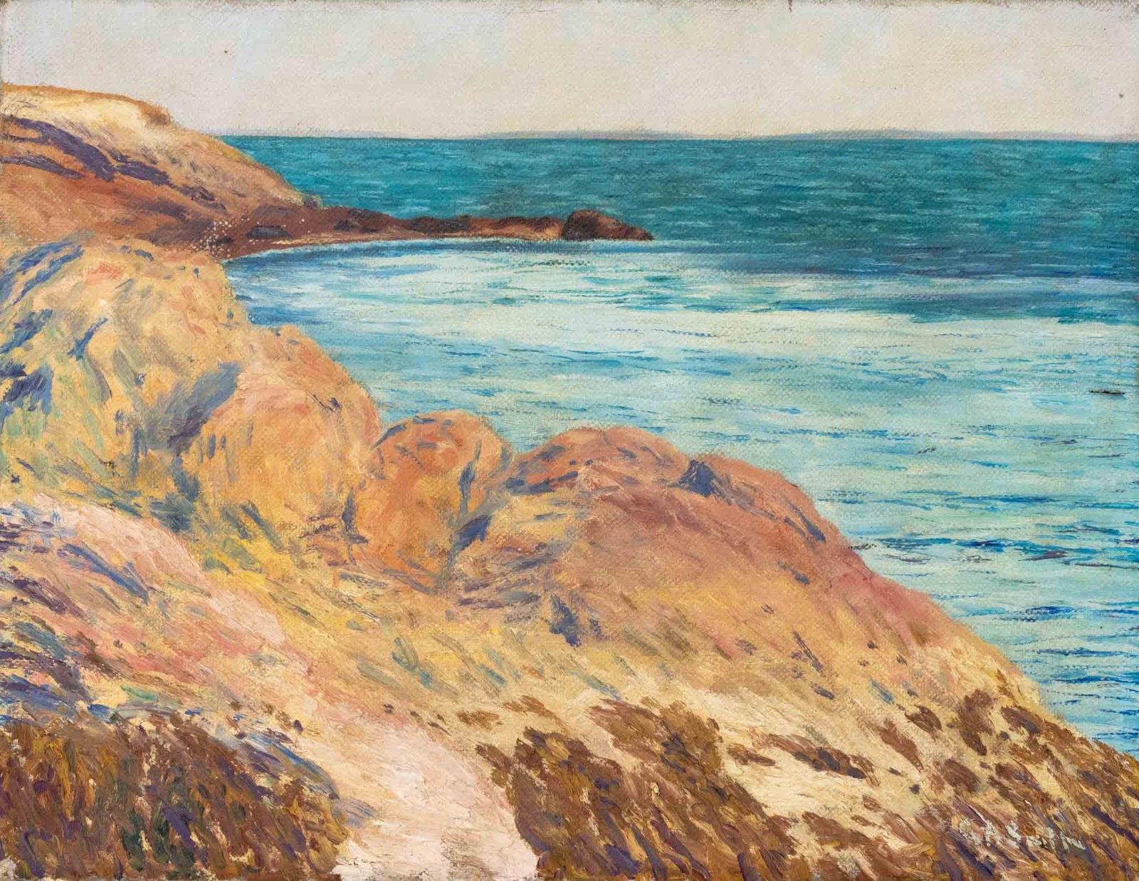 Illegibly Signed Coastal Scene Oil on Canvas: 20th Century School, Rocky Coastal Landscape Scene, Oil on Canvas, illegibly signed "Gassin (?)" lower right, unframed. 13.25" H x 17" W x 1" D. Provenance: From a Boston Collection. Keywords: Paintin