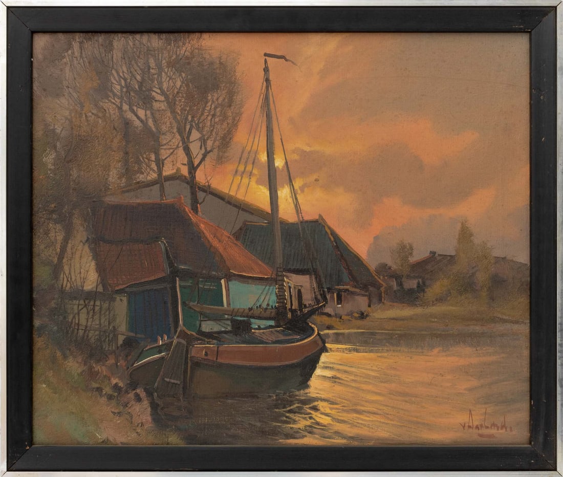 Illegibly Signed Village Dock Scene Oil on Canvas: 20th Century School, Village Dockside Landscape Scene, Oil on Canvas, illegibly signed "V. Aarlandi (?)" lower right and marked "Varland / R-873" verso, silver-tone metal frame. Image: 19.5" x 23.5" W