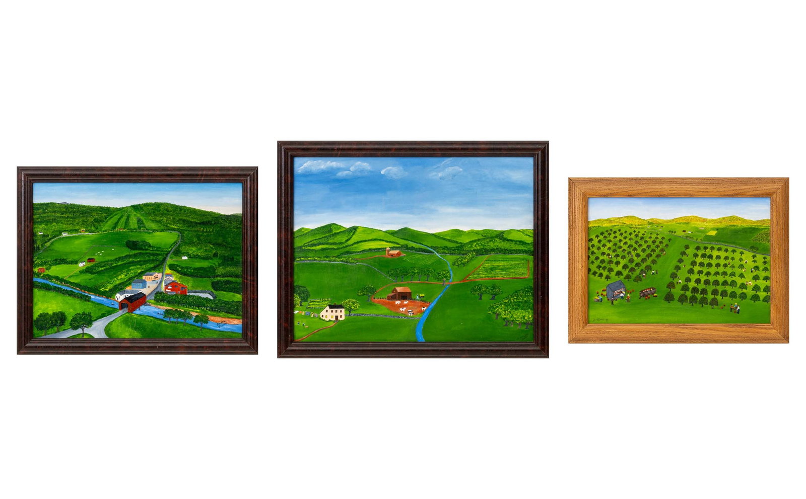 Susan Elliot Countryside Landscapes, 3: Susan Elliot (American, XX), Three Countryside Landscape Scenes, Acrylic on Canvas Board, comprising: apple orchard, 1999, signed and dated lower left, riverfront town, signed lower right, and