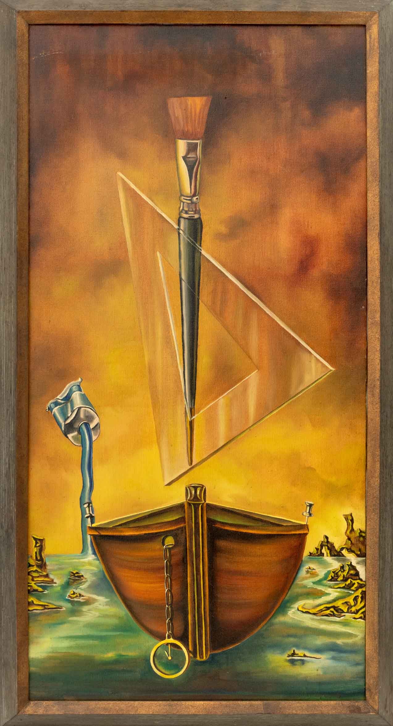 John Philip Capello "The Gulf of Surrealism", 1967: John Philip Capello (American, b. 1939), "The Gulf of Surrealism", Oil on Canvas, 1967, signed, titled, dated, and artist studio stamp verso, wood frame. Image: 35.5" H x 17.75" W; frame: 39" H x 21" 