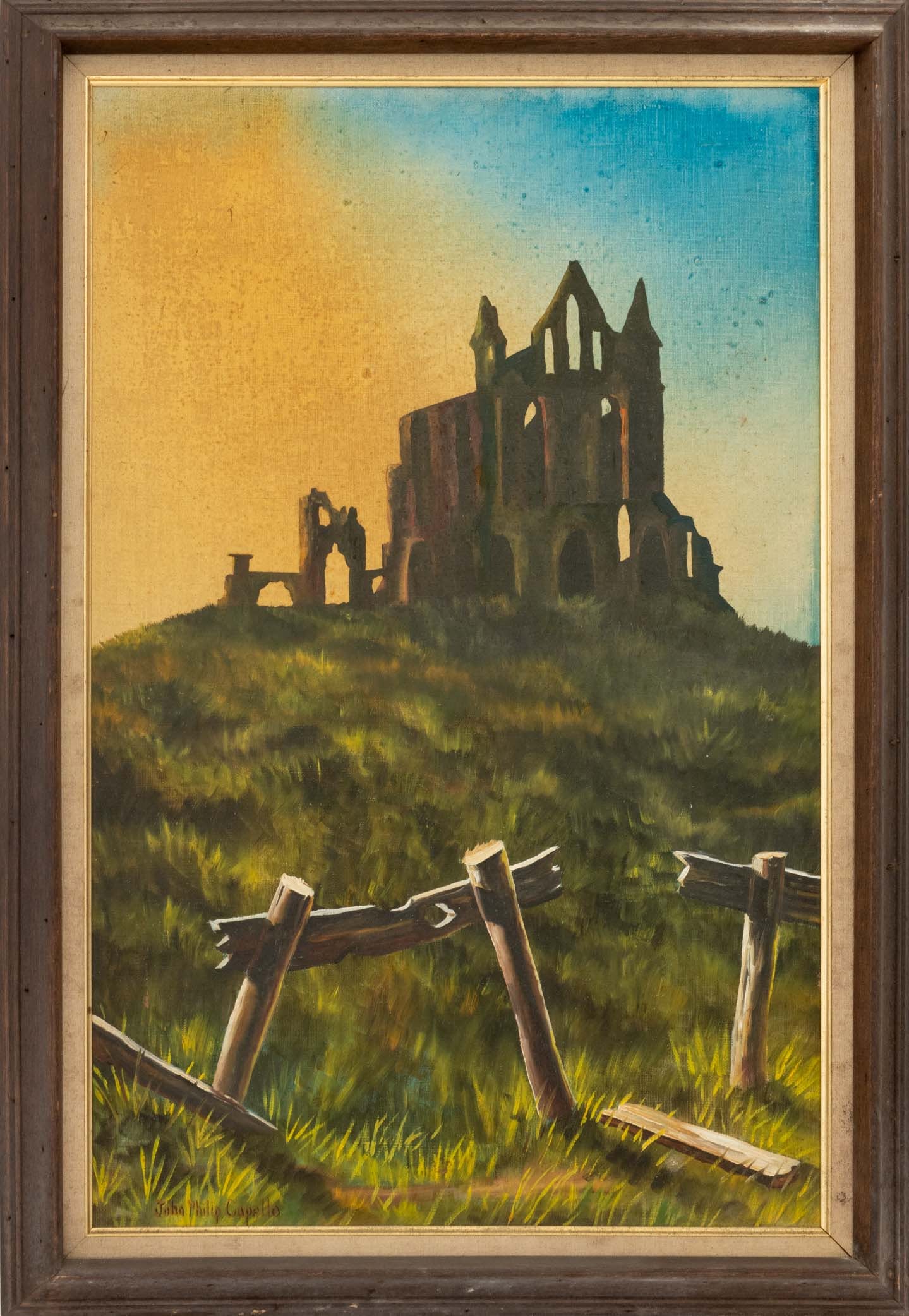 John Philip Capello "The Folks Who Live ...", 1968: John Philip Capello (American, b. 1939), "The Folks Who Live on a Hill", Oil on Canvas, 1968, signed lower right, signed, titled, dated, and artist's studio stamp verso, wood frame. Image: 27.5" H x 1