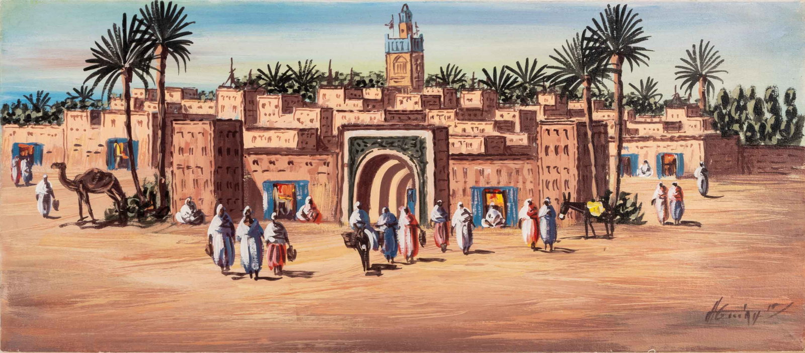 Illegibly Signed Moroccan Village Oil on Canvas: Contemporary School, Moroccan Village Scene, Oil on Canvas, illegibly signed lower right, unframed. 10" H X 23" W x 0.75" D. Provenance: From a Roxbury, Connecticut Collection. Keywords: Paintings,