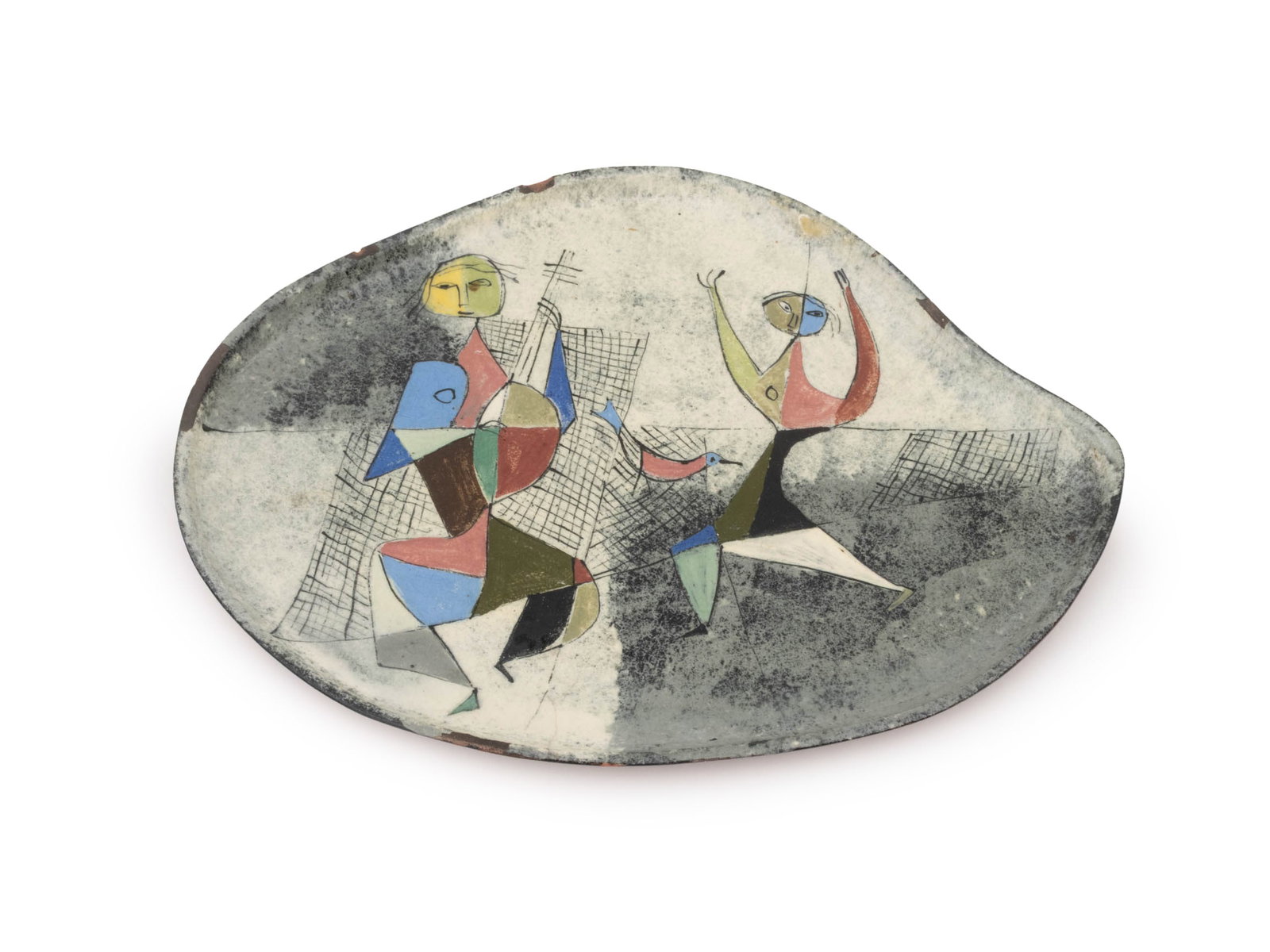 Polia Pillin Cubist Figural Motif Ceramic Plate: Polia Pillin (Polish, 1909-1992) Cubist Figural Motif Polychrome Glazed Ceramic Plate, signed to underside. 11.5" H x 9" W. Provenance: From an Upper West Side Estate. Keywords: Art Pottery, Studio