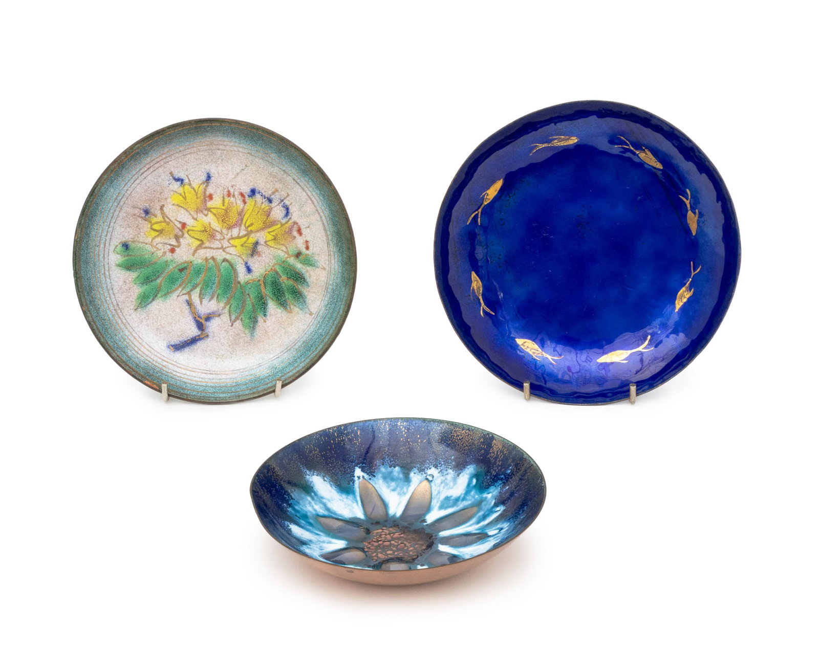 Polychrome Enameled Copper Bowls, 3: Collection of Three Polychrome Enameled Copper Bowls, comprising: Edward S. Star (American, XX-XXI) blue flower motif to interior bowl, signed and inscribed "Edward S. Star / Originals / For Grumps / 