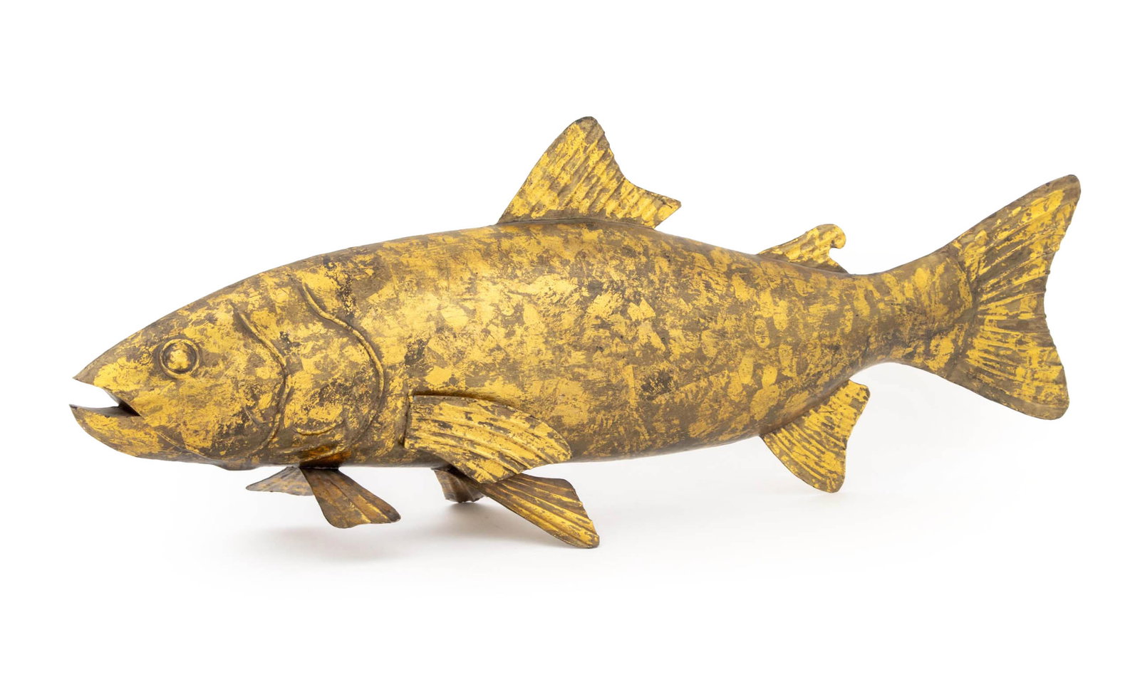 Large Cod Fish Gilt Metal Sculpture: Large Cod Fish Gilded Sheet Metal Sculpture. 12.5" H x 36.5" W x 7.5" D. Provenance: From a Roxbury, Connecticut Collection. Keywords: Statue, Table sculpture, Animalier, Marine, Aquatic, Gold-tone,