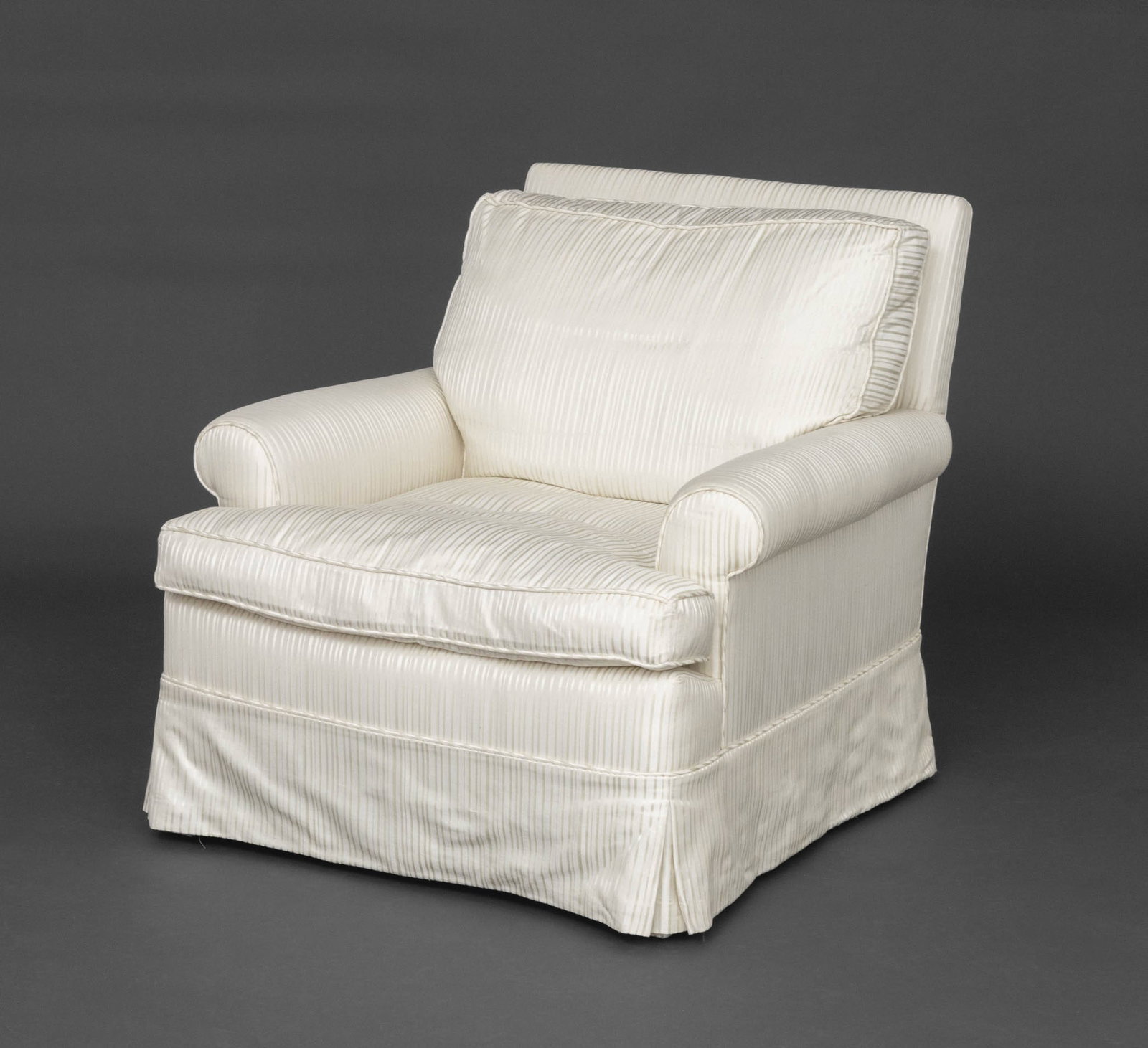 Modern Striped White Silk Upholstered Armchair: Modern Striped White Silk Upholstered Arm Chair. 30" H x 32" W x 31" D; seat: 17" H. Provenance: From a 500 Park Avenue Estate. Keywords: Modern Furniture, Seating, Easy chair, Lounge chair,