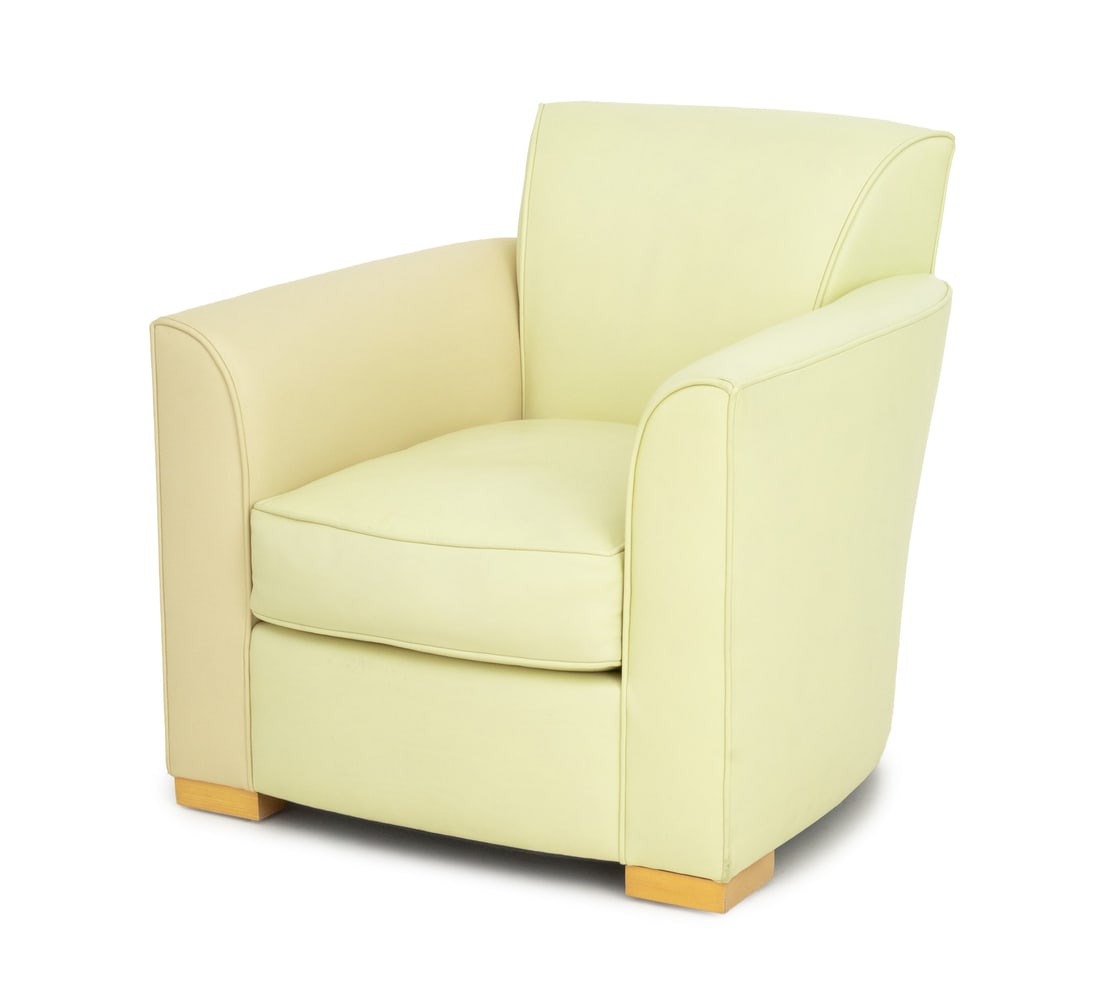 John Hutton for Donghia "Noble" Leather Armchair: John Hutton for Donghia "Noble" Mint Green Leather Upholstered Arm Chair, on four wood feet, label to underside. 31.5" H x 31" W x 30.5" D; seat: 17.5" H. Provenance: From a Fort Lauderdale, Florida