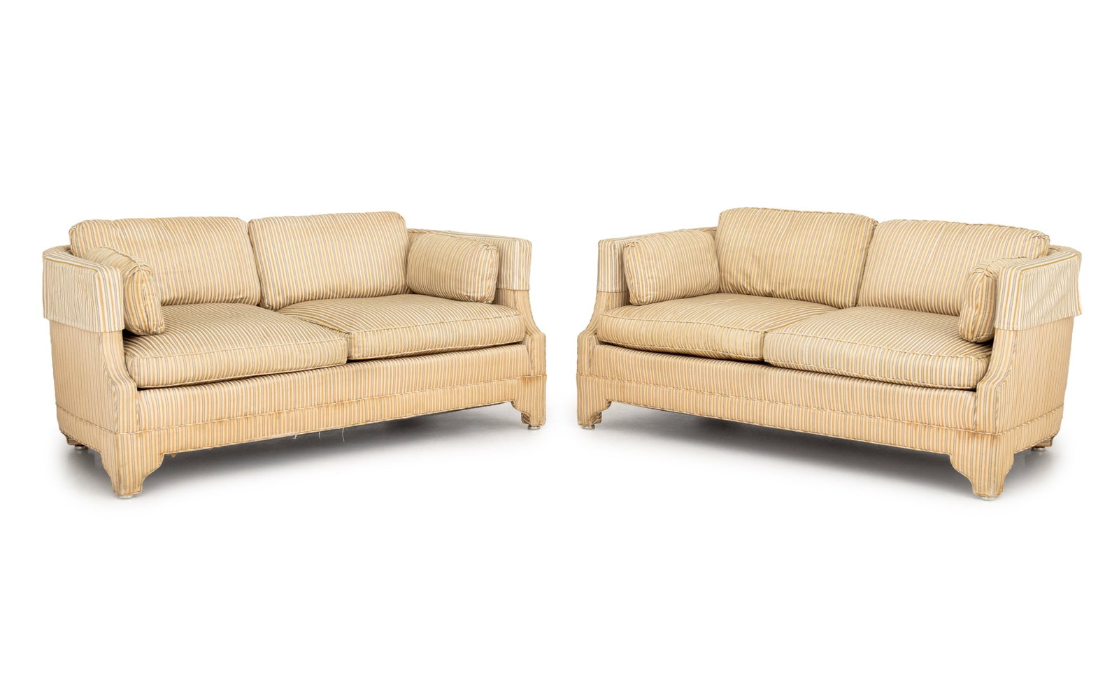 American Striped Pattern Upholstered Sofas, Pair: Pair of American Striped Pattern Fabric Upholstered Sofas, with Drexel labels beneath cushions. 26" H x 59" W x 35" D; seat: 16" H. Provenance: From an East 57th Street Estate. Keywords: American