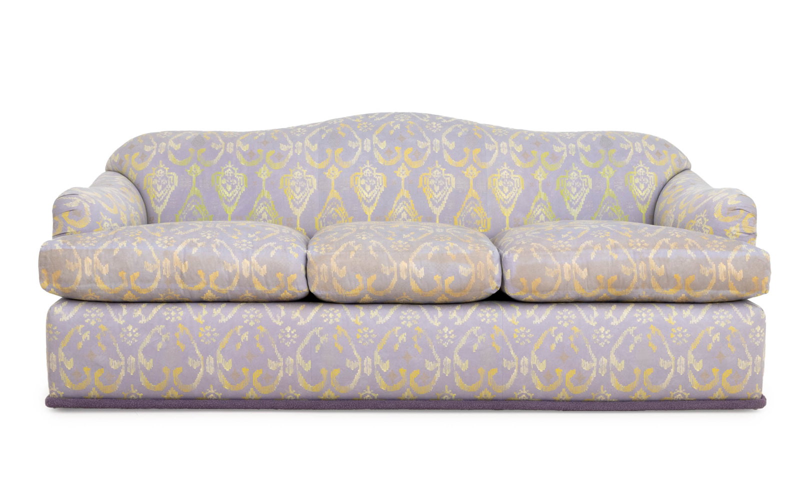 J. Robert Scott Green & Purple Upholstered Sofa: J. Robert Scott Green and Purple Print Fabric Upholstered Sofa, label beneath center cushion. 34" H x 83" W x 37" D; seat: 20" H. Provenance: From an Upper East Side Estate. Keywords: Designer,