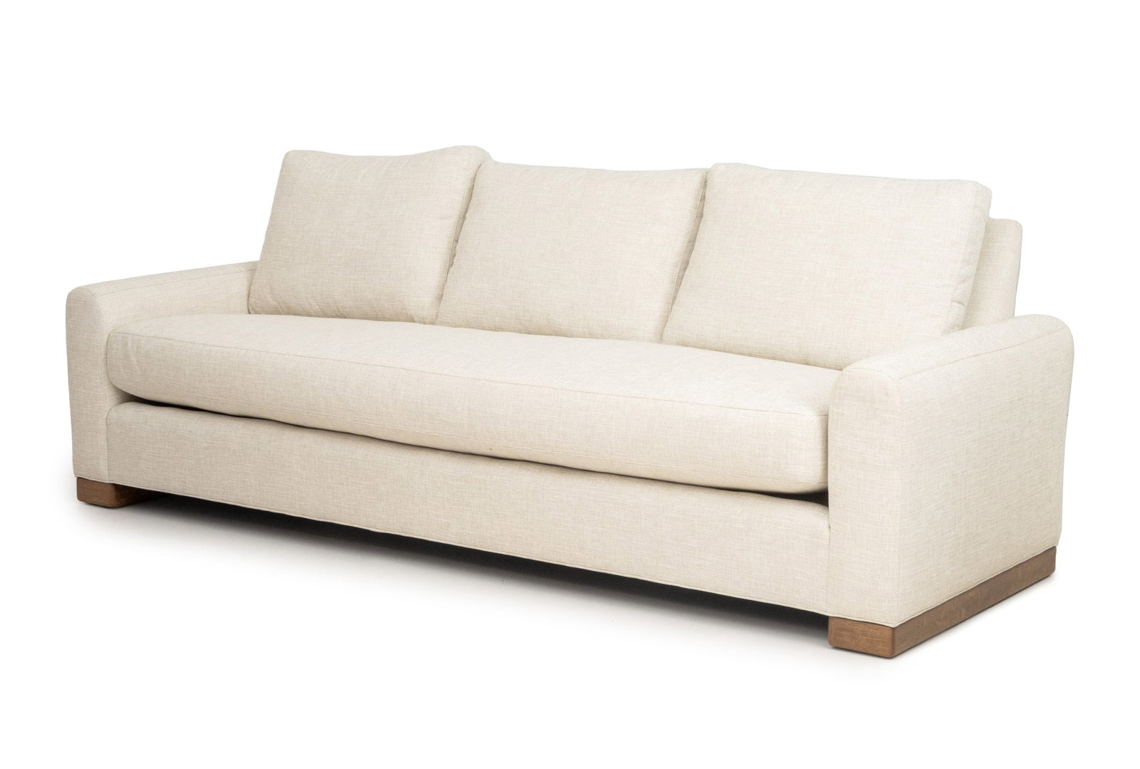 Vanguard White Upholstered Three-Seat Sofa: Vanguard White Upholstered Three-Seat Sofa, with three cushions and Vanguard Furniture label. 34" H x 103" W x 40" D; seat: 21" H. Provenance: From a Tarrytown, New York Estate. Keywords: