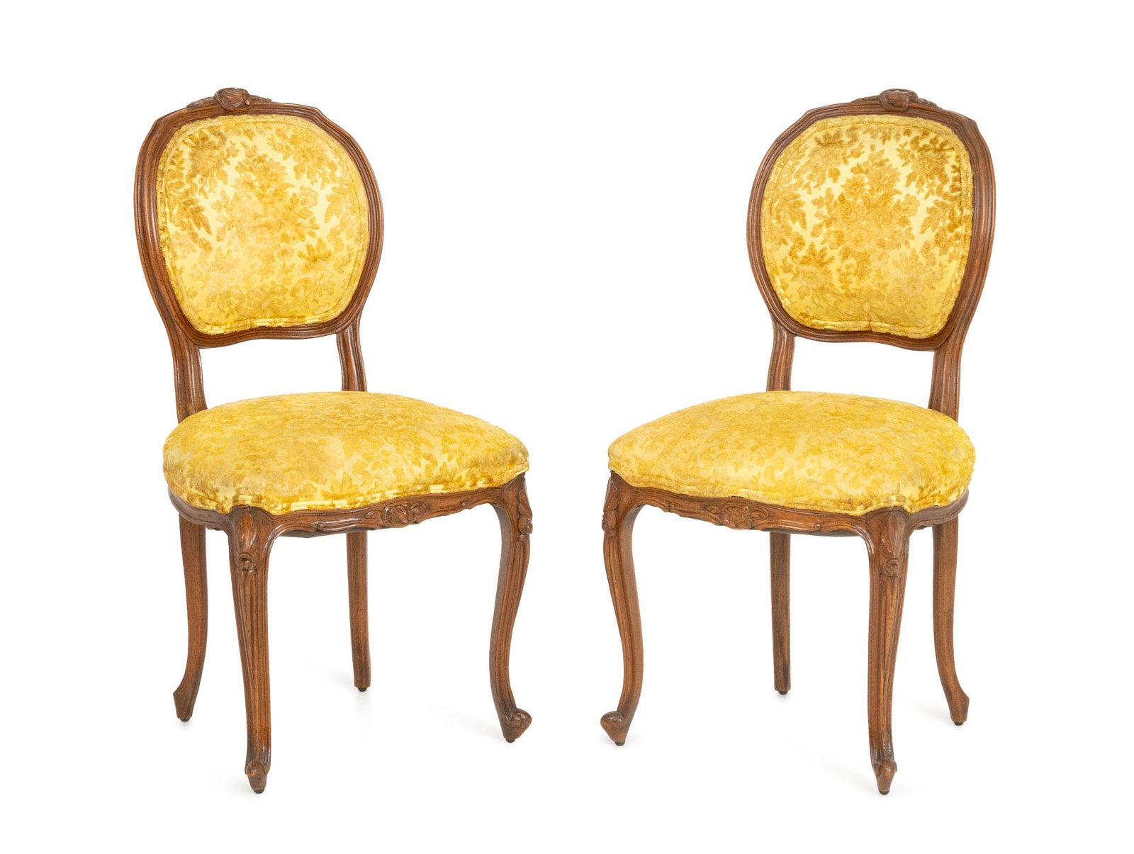 Louis XV Style Yellow Satin Walnut Chairs, Pair: Pair of Louis XV Style Yellow Satin and Velvet Upholstered Walnut Side Chairs, each with balloon back above cabriole legs. 37" H x 19" W x 17" D; seat: 18" H. Provenance: From a West End Avenue