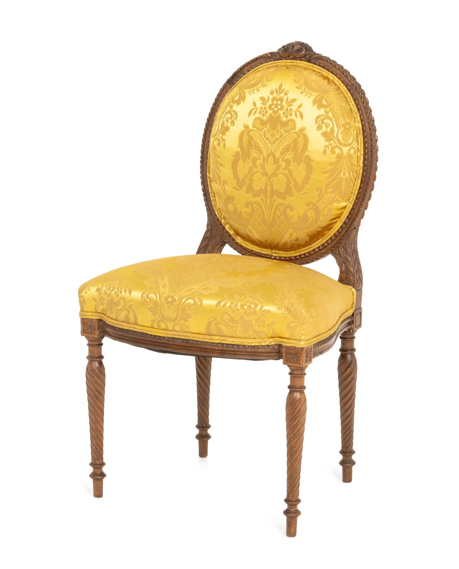 Louis XVI Style Yellow Silk Damask Walnut Chair: Louis XVI Style Yellow Silk Damask Upholstered Walnut Side Chair, with balloon back and carved wood frame. 35.5" H x 20" W x 17.5" D; seat: 18" H. Provenance: From a West End Avenue Collection.