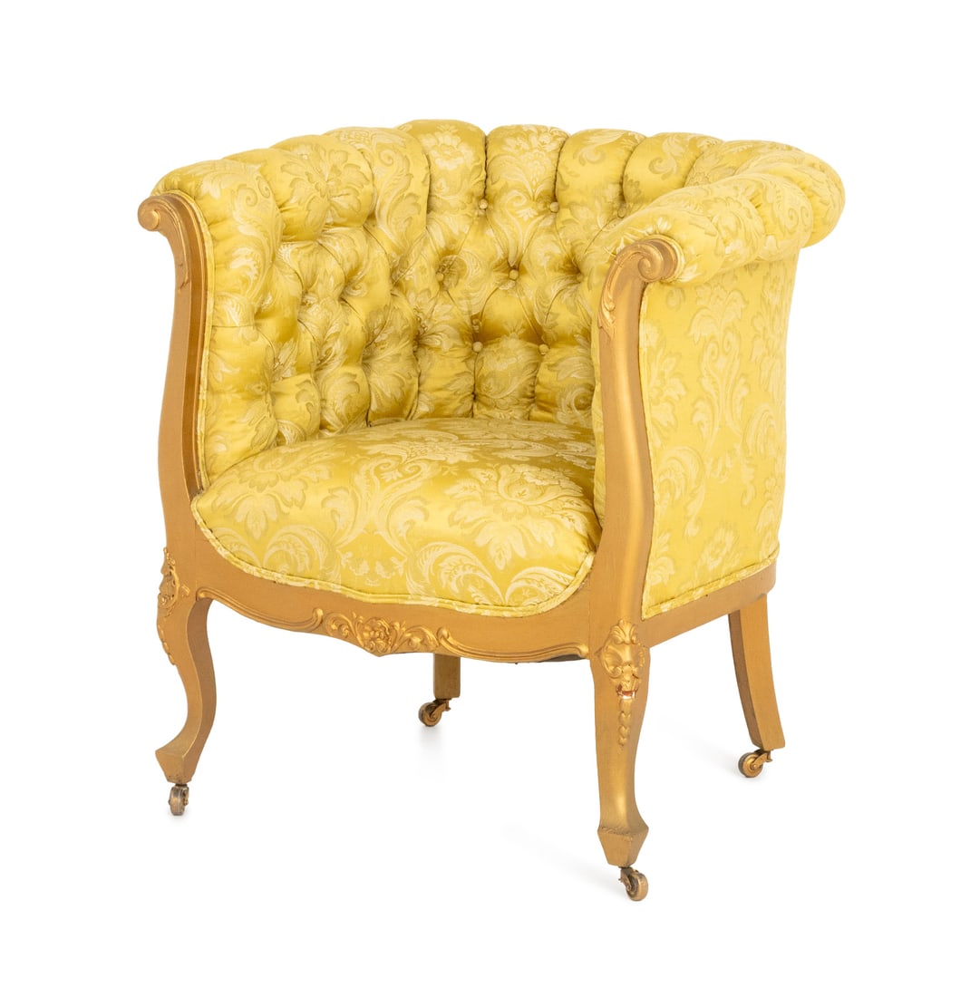 Louis XVI Style Button-Tufted Giltwood Tub Chair: Louis XVI Style Button-Tufted Giltwood Tub Chair, with yellow damask upholstery on carved cabriole legs on casters. 32" H x 29" W x 25" D; seat: 18.5" H. Provenance: From a West End Avenue