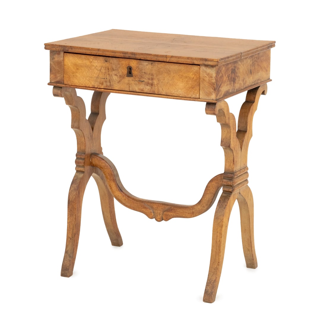 Louis XV Style Walnut Sewing Table, 19th C.: Louis XV Style Walnut Sewing Table, 19th century, with single drawer on cabriole legs conjoined by a stretcher. 30" H x 24" W x 17" D. Provenance: From a Roxbury, Connecticut Collection. Keywords: