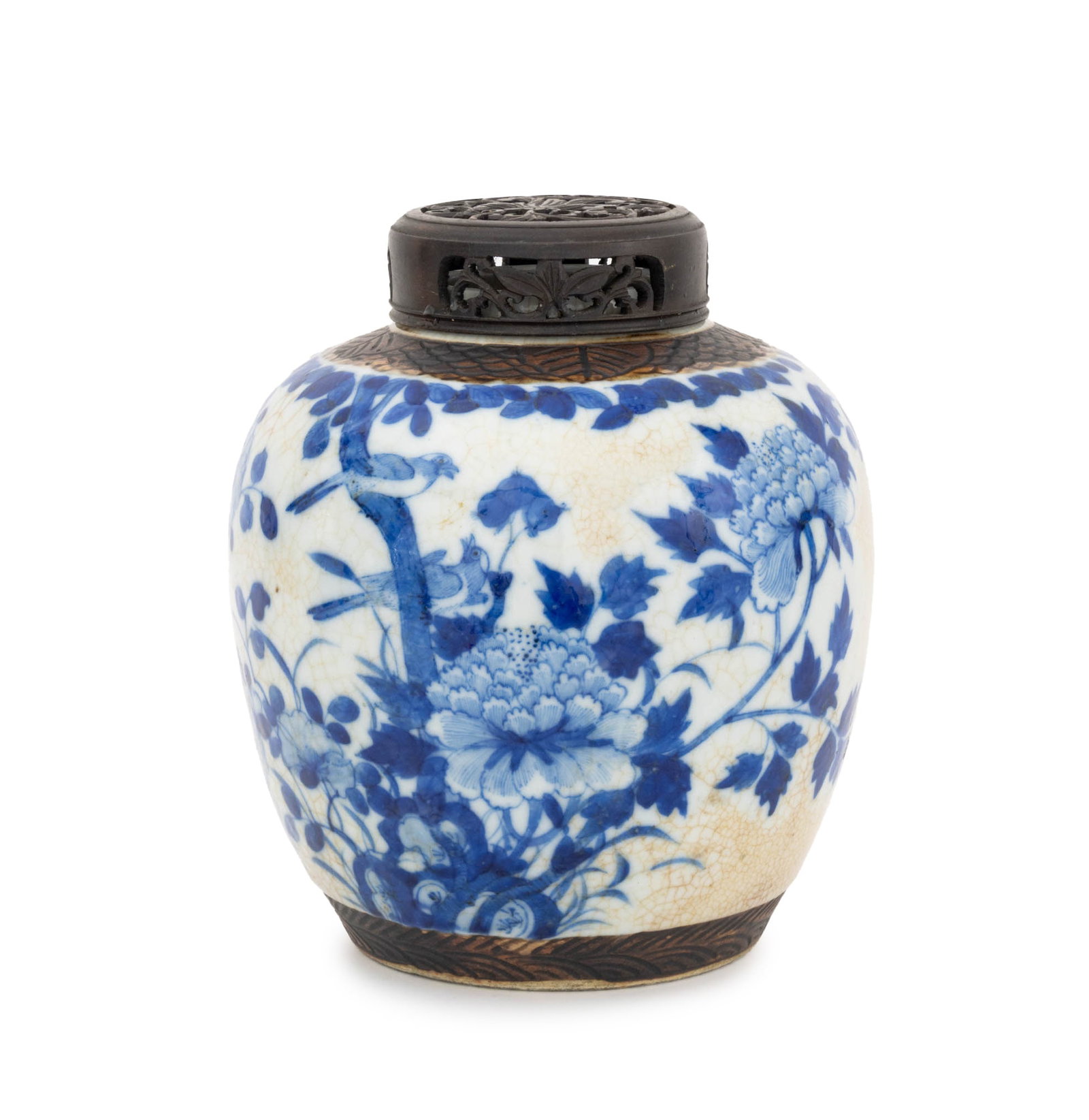 Chinese Blue & White Porcelain Ginger Jar: Chinese Blue and White Porcelain Ginger Jar, together with pierce carved wood cover, the vessel hand-painted with birds and butterflies amongst flowering branches, blue underglaze four character mark 
