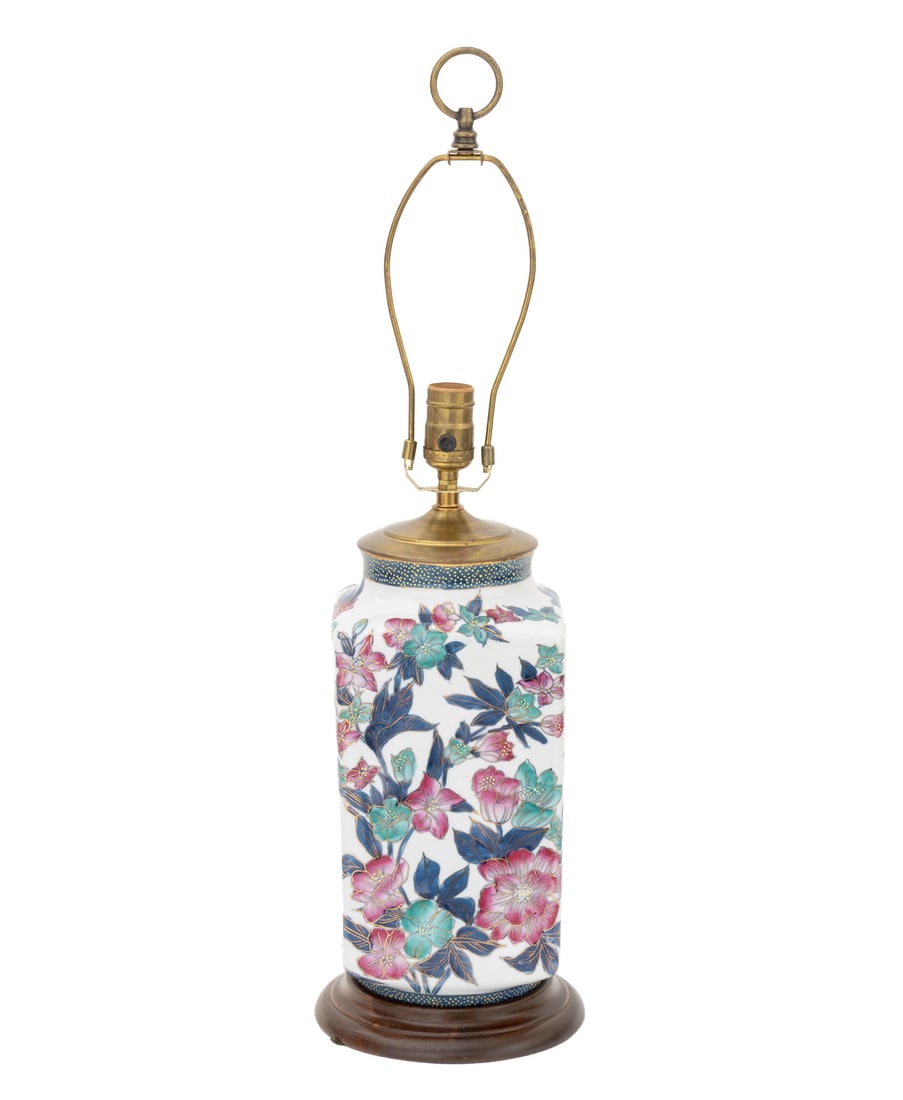 Chinese Floral Motif Vase Mounted as a Lamp: Chinese Floral Motif Ceramic Vase Mounted as a Table Lamp, blue, turquoise, and pink flowers with gilt detailing, carved wood base. 26.25" H x 7.25" Diameter. Provenance: From a New York City Estate. 