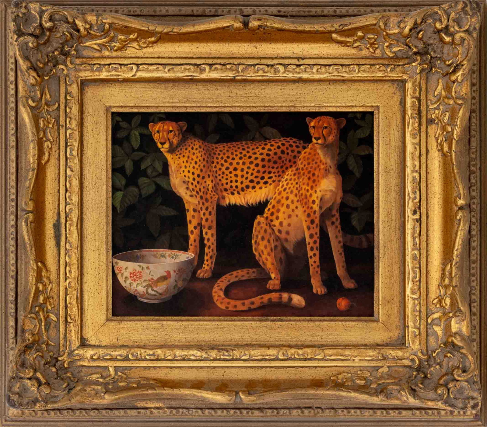 William Spilling Style Cheetahs and Vessel Giclee: William Spilling Style, Two Cheetahs and Chinese Porcelain Vessel, Giclee in Colors Mounted on Board, apparently unsigned, giltwood frame. Image: 7.25" H x 9.25" W; frame: 15" H x 17" W x 2.75" D. Pro