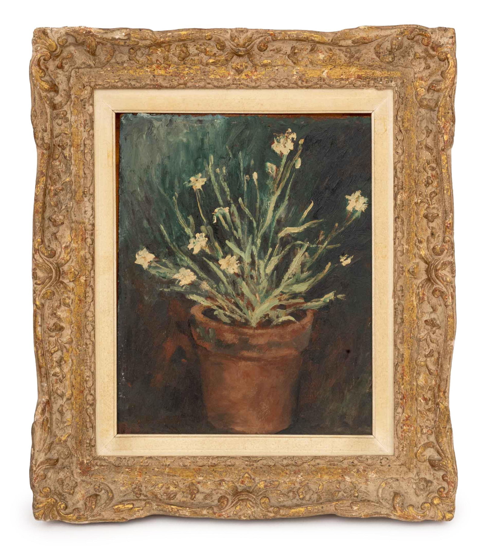 Ben Lassen Still Life Scene Oil on Masonite: Benjamin Lassen (American, 1904-1968), Still Life Scene of a Potted Plant, Oil on Masonite, signed lower left, giltwood frame. Image: 9.5" H x 7.5" W; frame: 14.75" H x 12.75" W x 1.5" D. Provenance: 