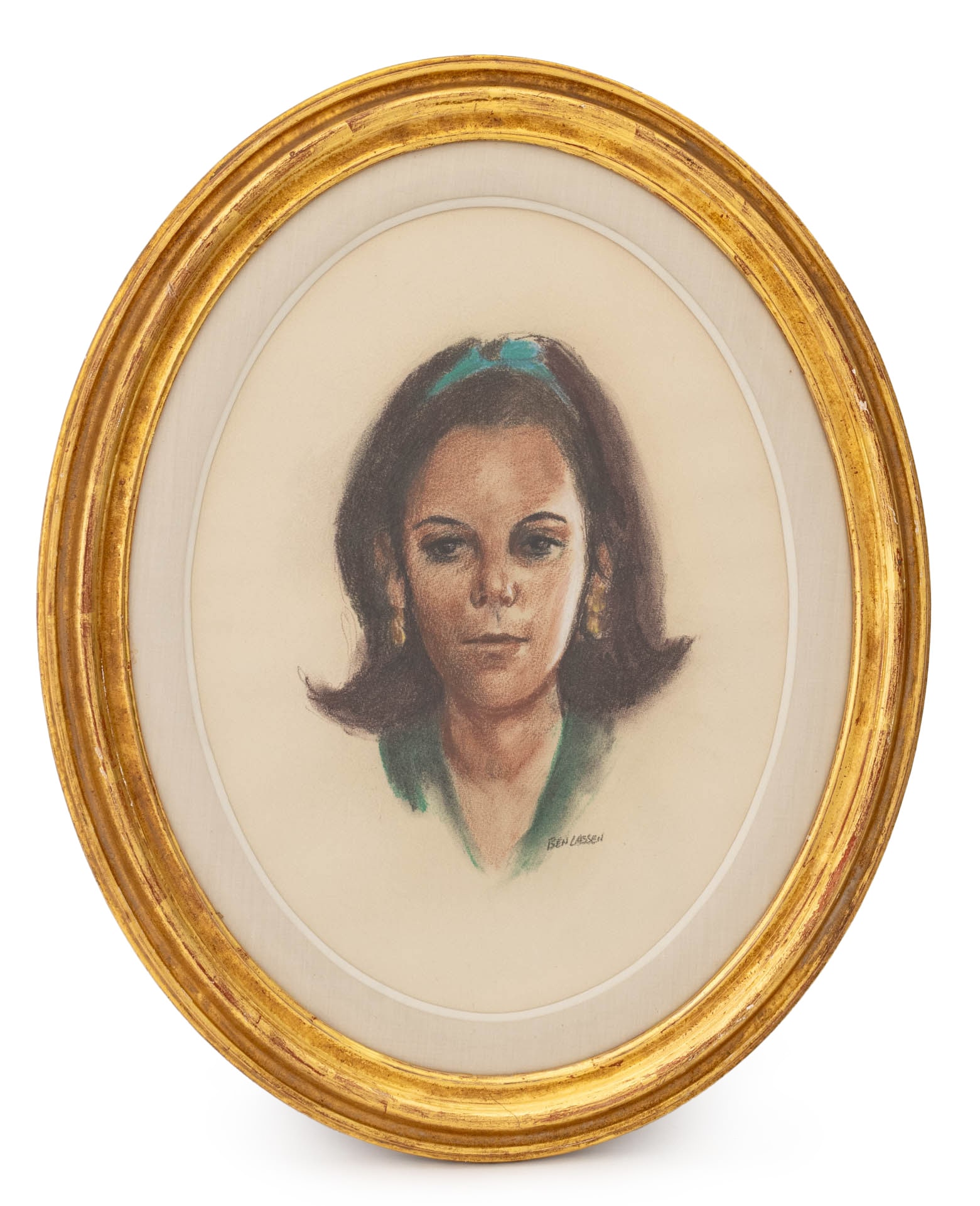 Ben Lassen Portrait of a Woman Pastel on Paper: Ben Lassen (American, 1904-1968), Portrait of a Woman, Pastel on Paper, signed lower right, giltwood frame. Image: 16" H x 12" W; frame: 22.25" H x 18.25" W x 1" D. Provenance: A Brooklyn Heights, New