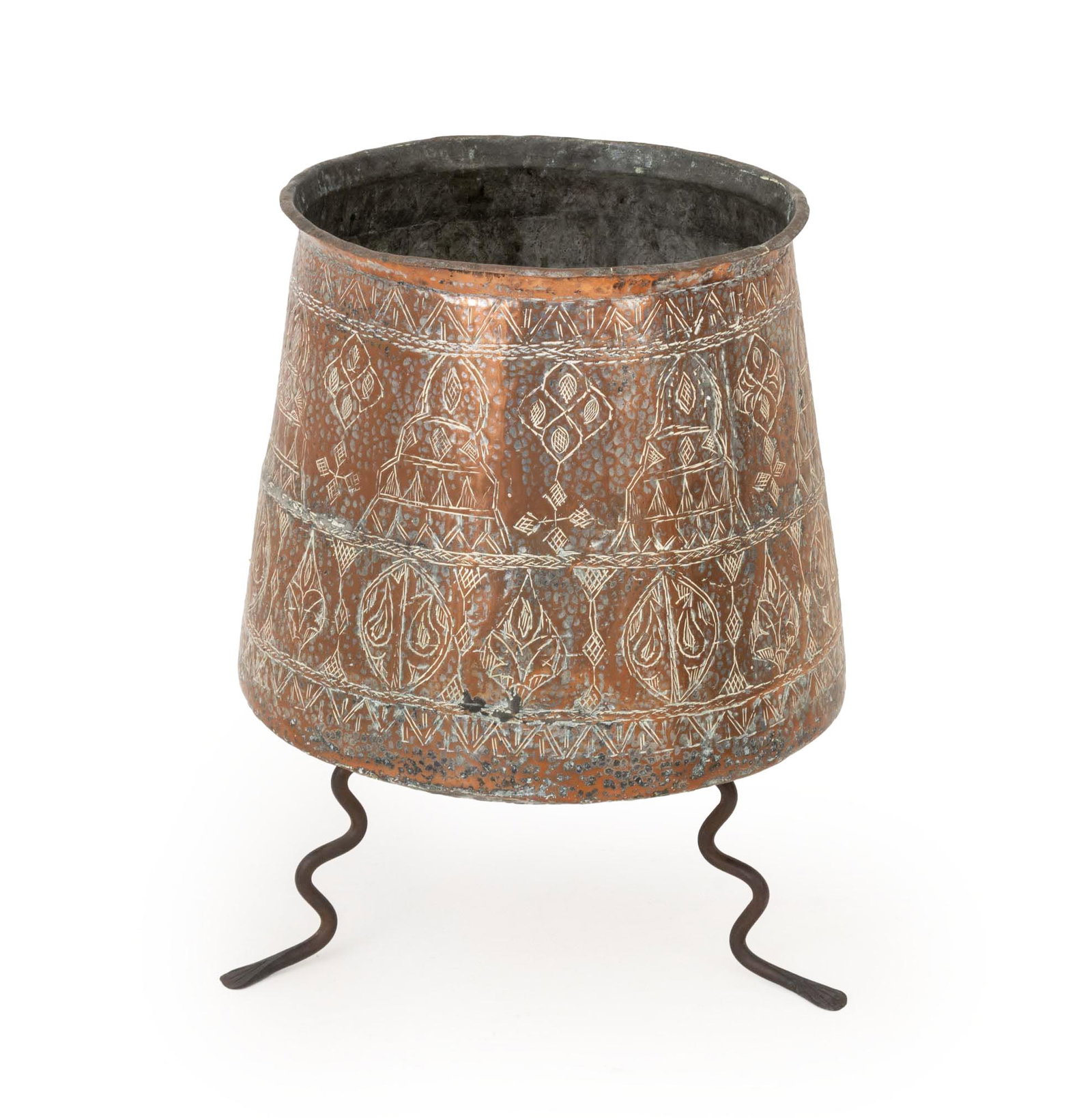 Islamic Scroll Etched Copper Jardiniere: Islamic Scroll Etched Copper Jardiniere, with silver-leaf decoration mounted on wrought iron tripod base. 23.5" H x 18" W x 20" D. Provenance: From an Upper West Side Estate. Keywords: Vintage, Middle