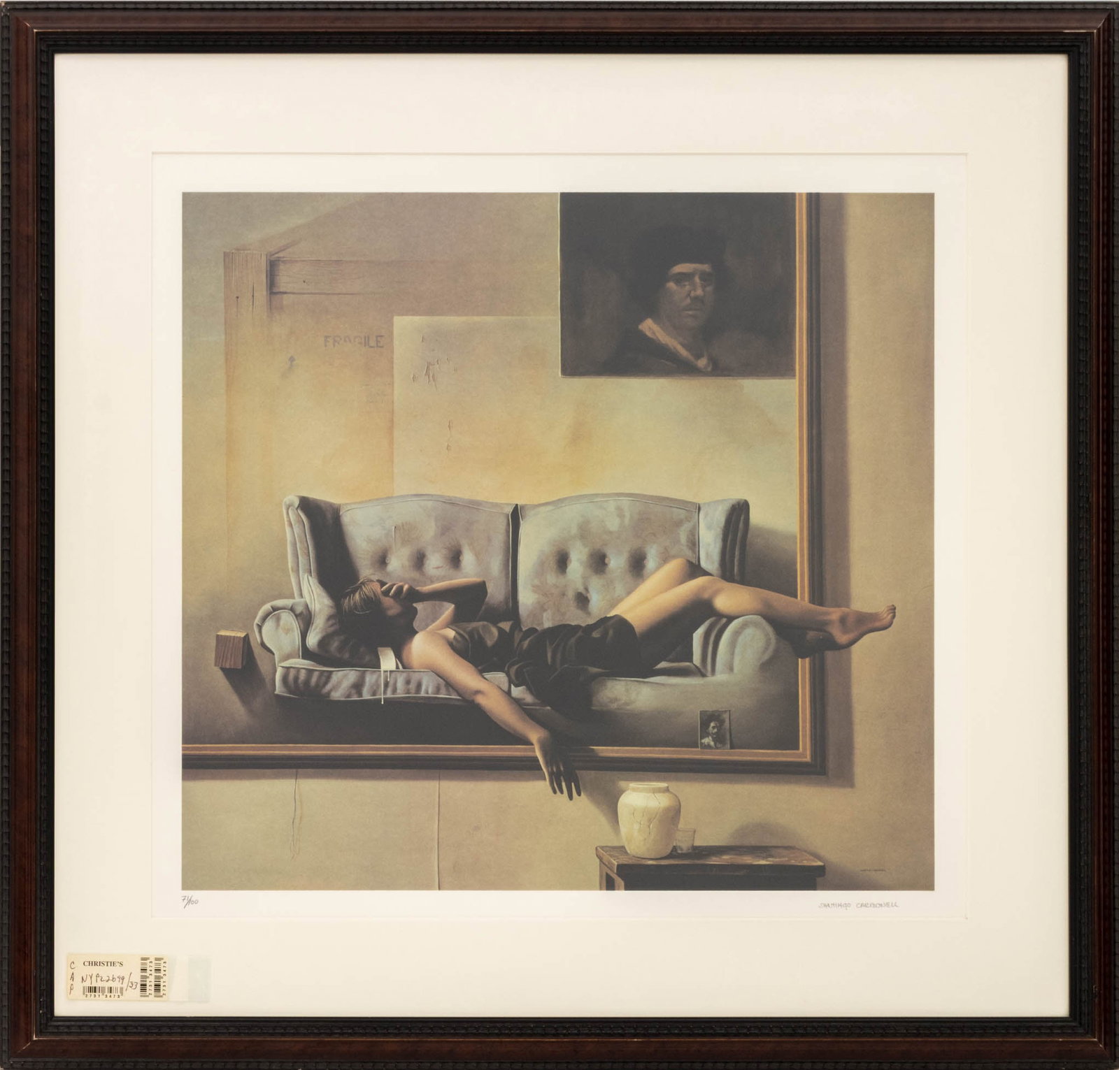 Santiago Carbonell "Cuadro con Mujer en Sofa": Santiago Carbonell (Spanish, b. 1960), "Cuadro con Mujer en Sofa", Offset Lithograph in Colors, signed in pencil lower right, numbered edition "71/100" lower left, with Christie's label to reverse, wo