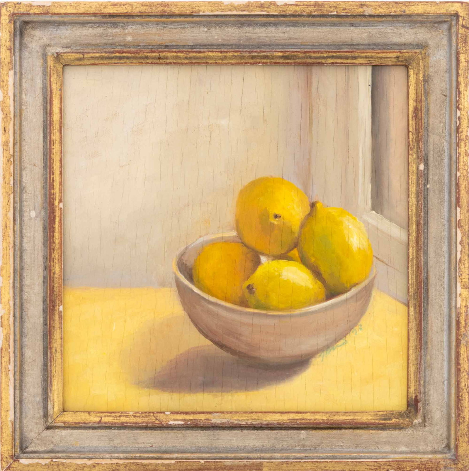 Julie Bird Still Life with Lemons Oil, 1993: Julie Bird (XX-XXI), Still Life with Lemons, Oil on Panel, 1993, signed and dated lower right, Ursus Prints label verso, silvered and giltwood frame. Image: 5.5" H x 5.5" W; frame: 7.75" H x 7.75" W x