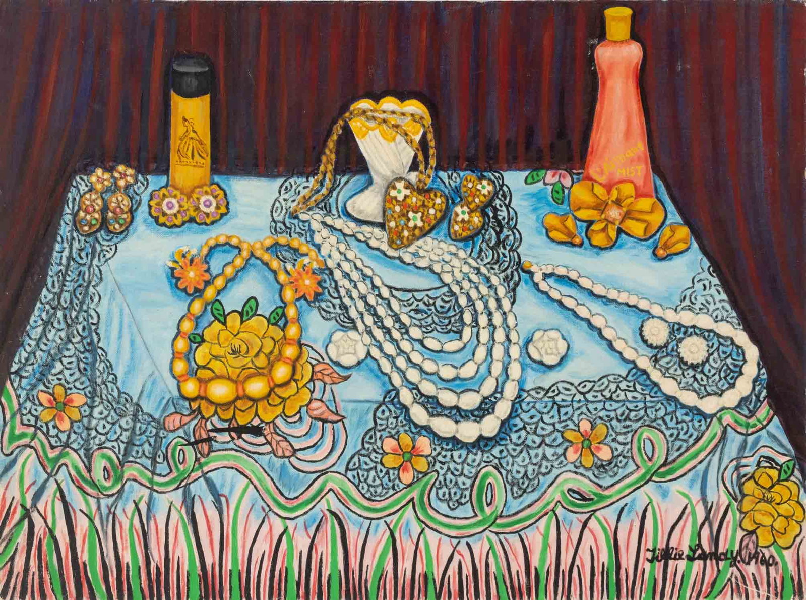 Tillie Landy Vanity Still Life Scene Acrylic, 1960: Tillie Landy (American, XX), Vanity Still Life Scene of Jewelry and Hairspray, Acrylic on Canvas Panel, 1960, signed and dated lower right, unframed. 18" H x 24" W. Provenance: From a New York City Co