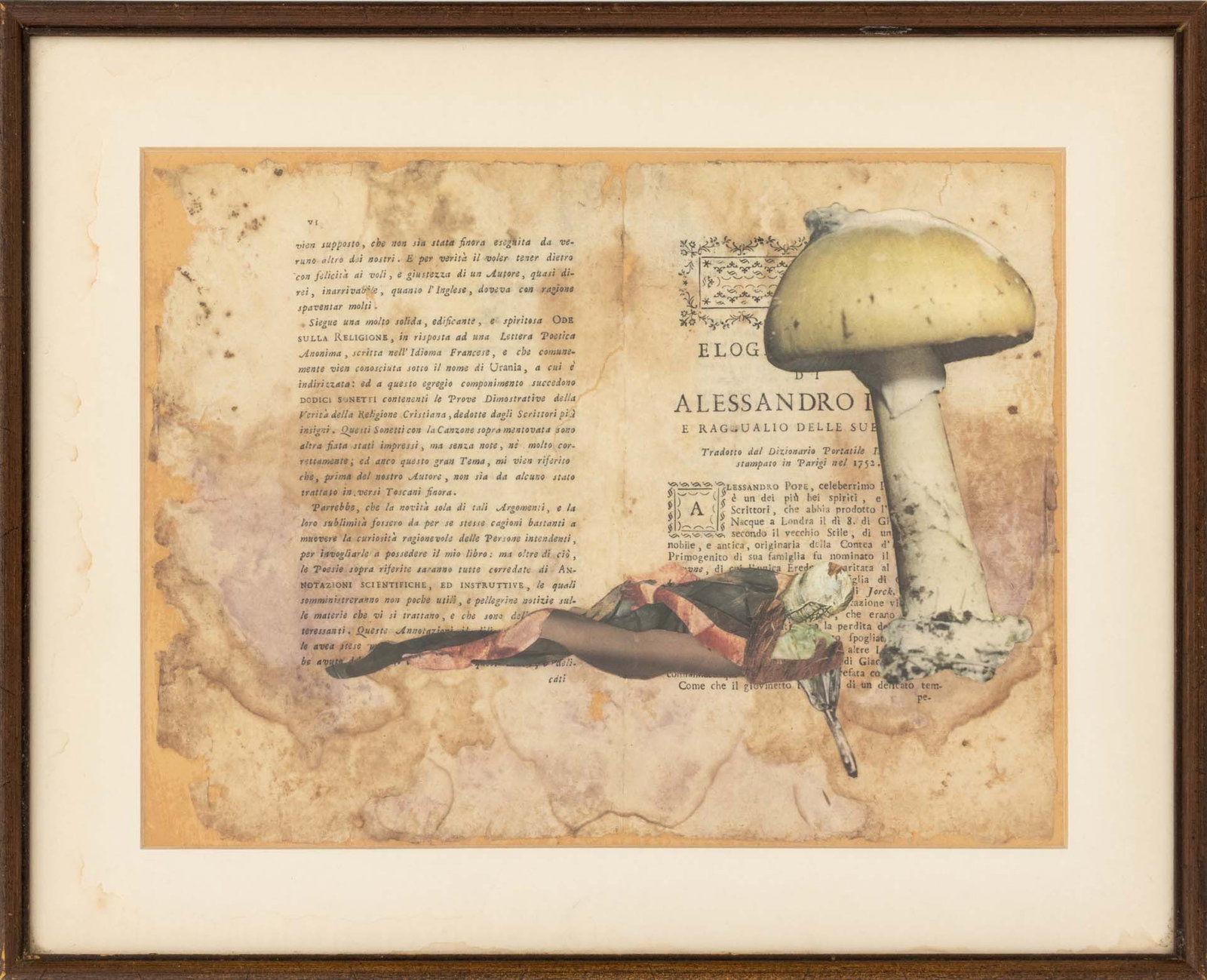 Contemporary Figural Collage on Antique Book Page: Contemporary Figural Collage on Antique Book Page, depicting a mushroom and reposed couple, wood frame. Image: 8.75" H x 11.5" W; frame: 12.5" H x 15.5" W x 0.75" D. Provenance: From an Upper West Sid