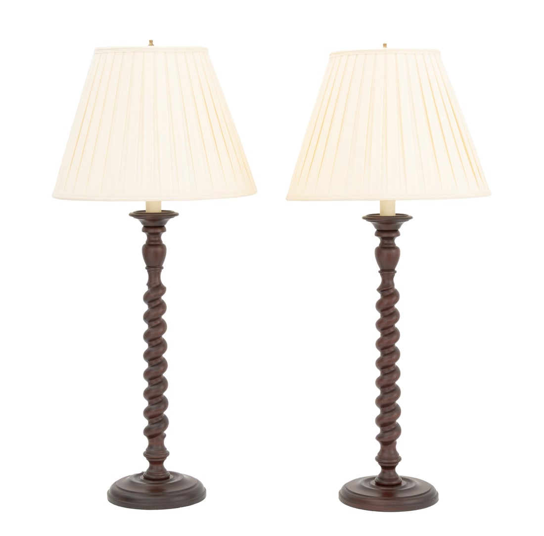 Jacobean Style Mahogany Barley Twist Lamps, Pair: Pair of Jacobean Style Carved Mahogany Barley Twist Table Lamps, with pleated coolie shades on circular bases. Overall: 36.5" H x 15.25" Diameter. Provenance: From a Tarrytown, New York Estate. Keywor